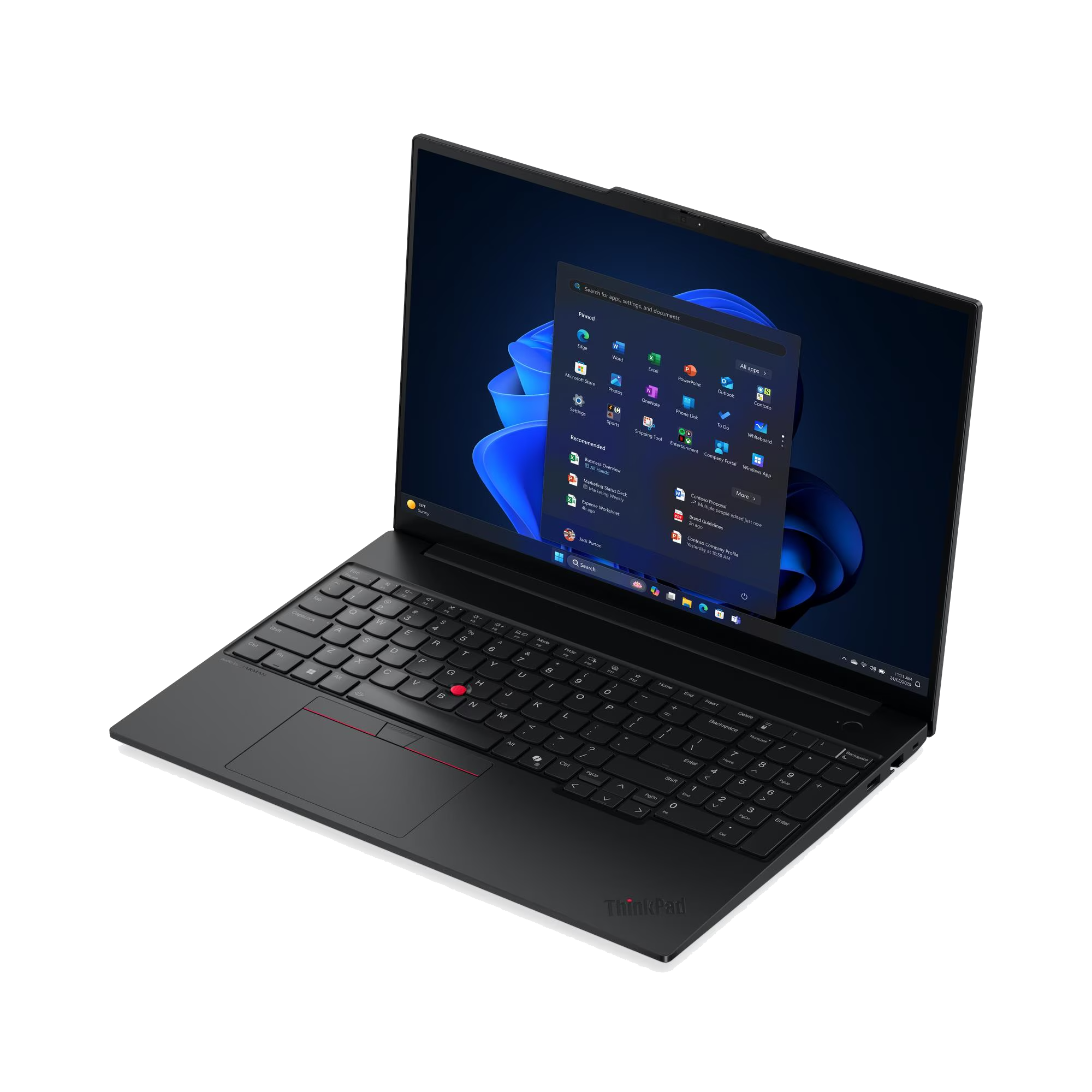 Un portátil negro con su menú de inicio de Windows abierto, mostrando el teclado.