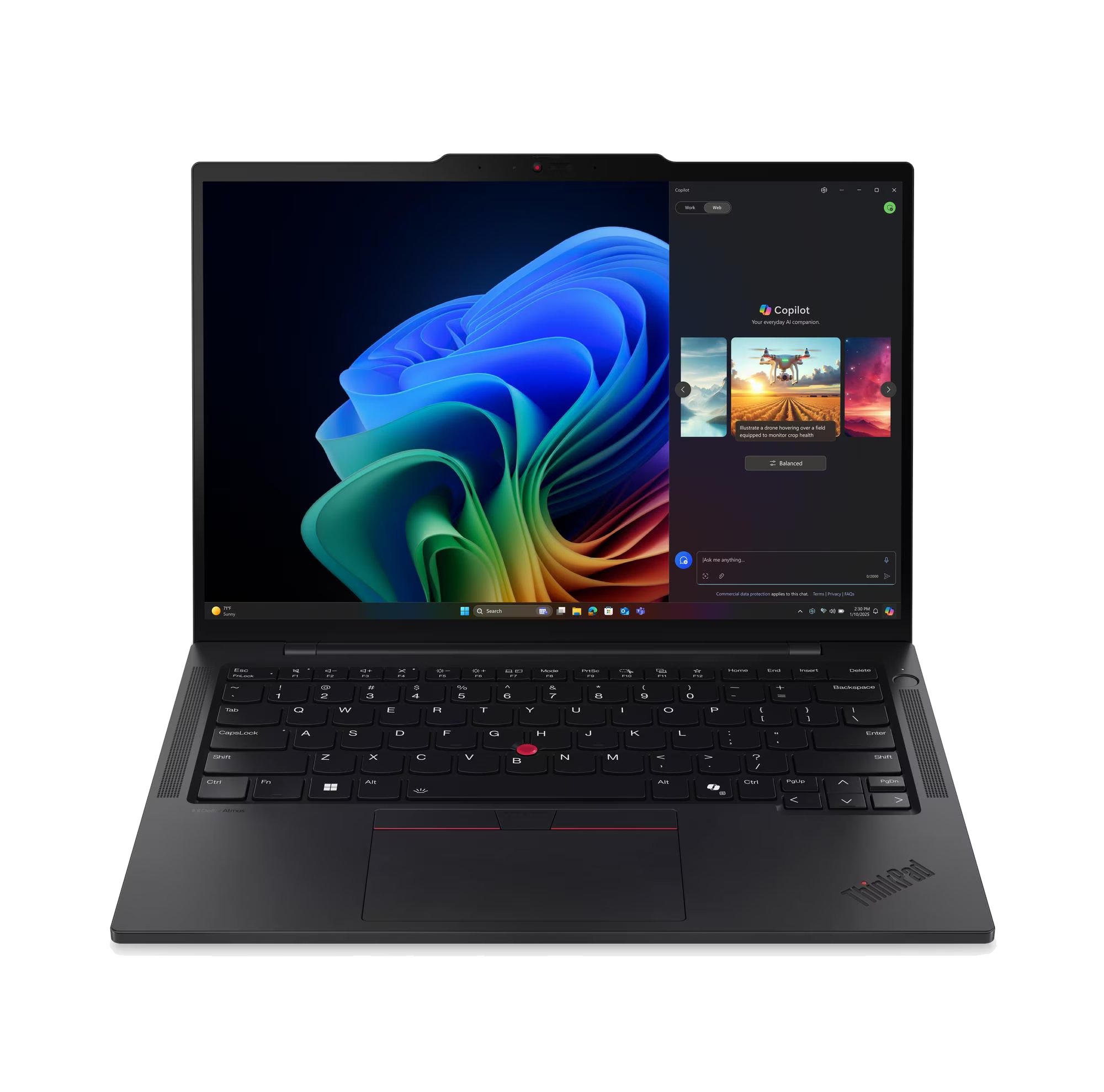 Un portátil ThinkPad con IA Copilot, que muestra un dron sobre un campo.