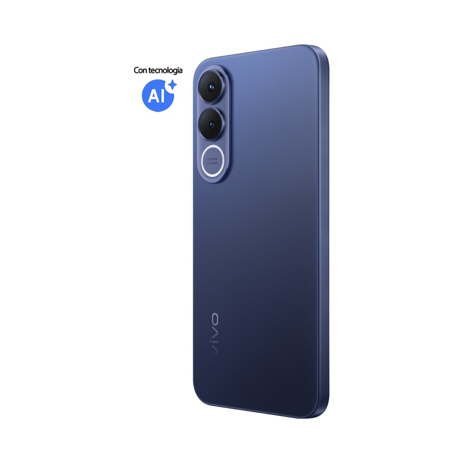 Smartphone blu scuro con logo AI e tre fotocamere posteriori. Logo Vivo visibile.