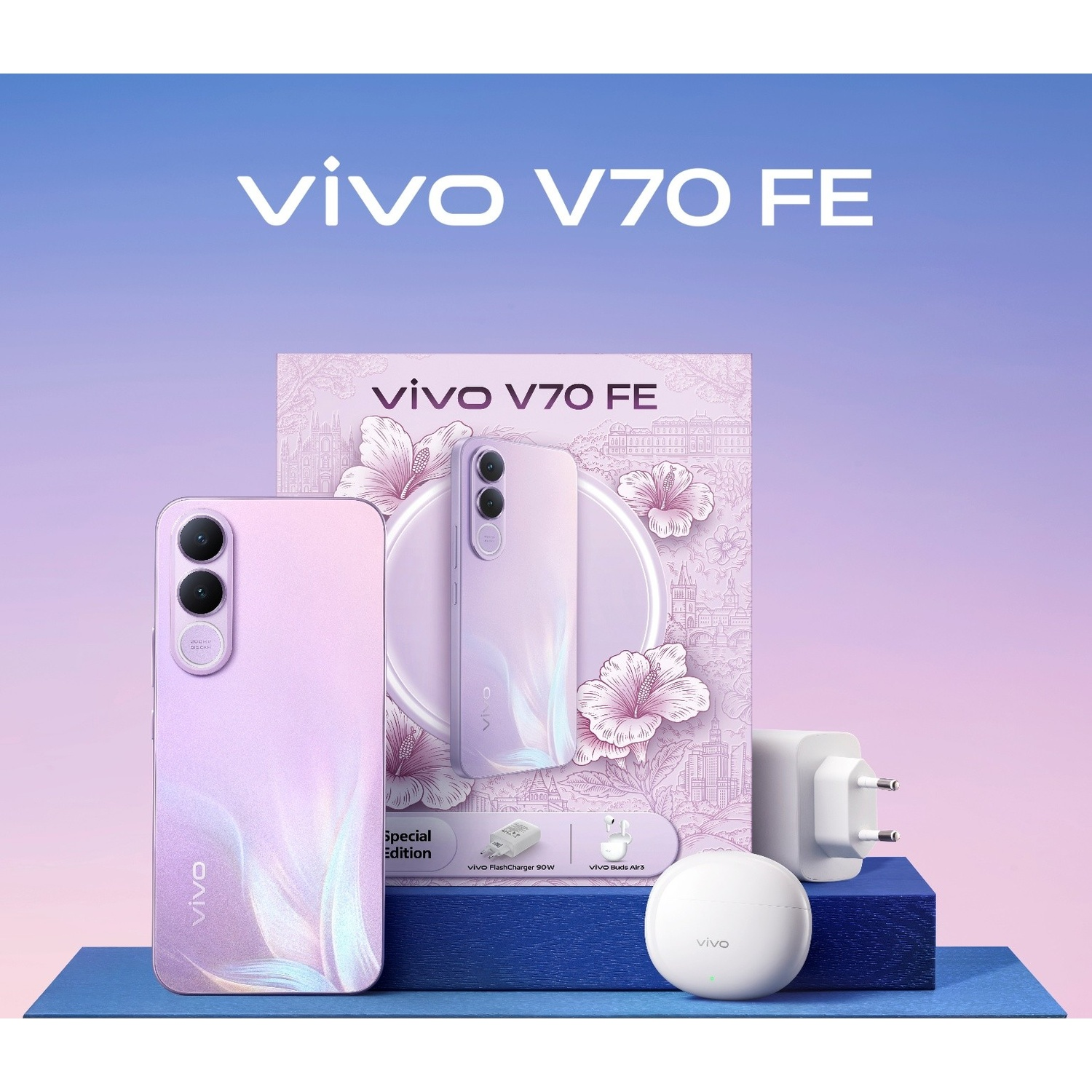 Uno smartphone Vivo V70 FE viola con accessori su piattaforme blu.