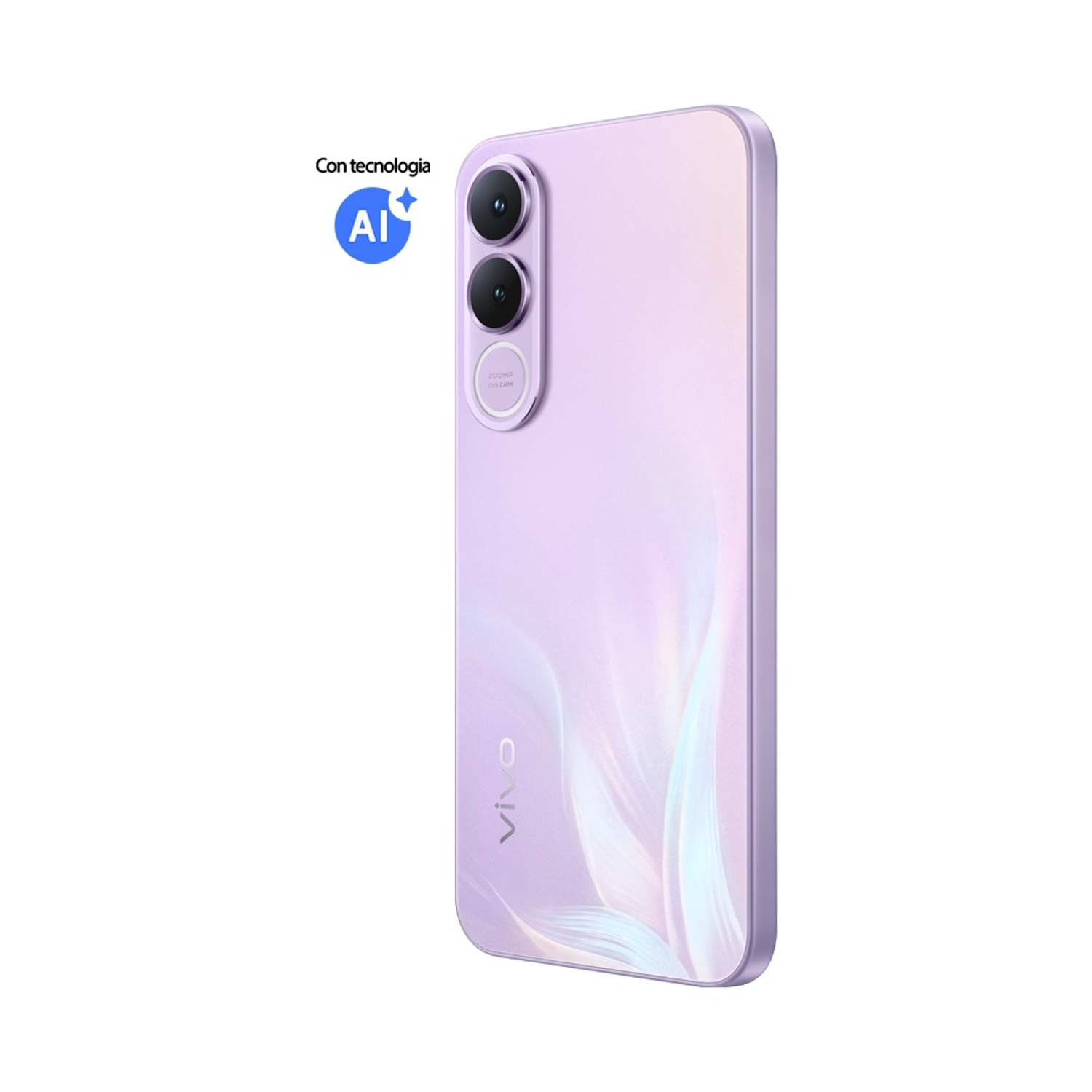 Smartphone viola con tecnologia AI e fotocamera da 200MP su sfondo bianco.