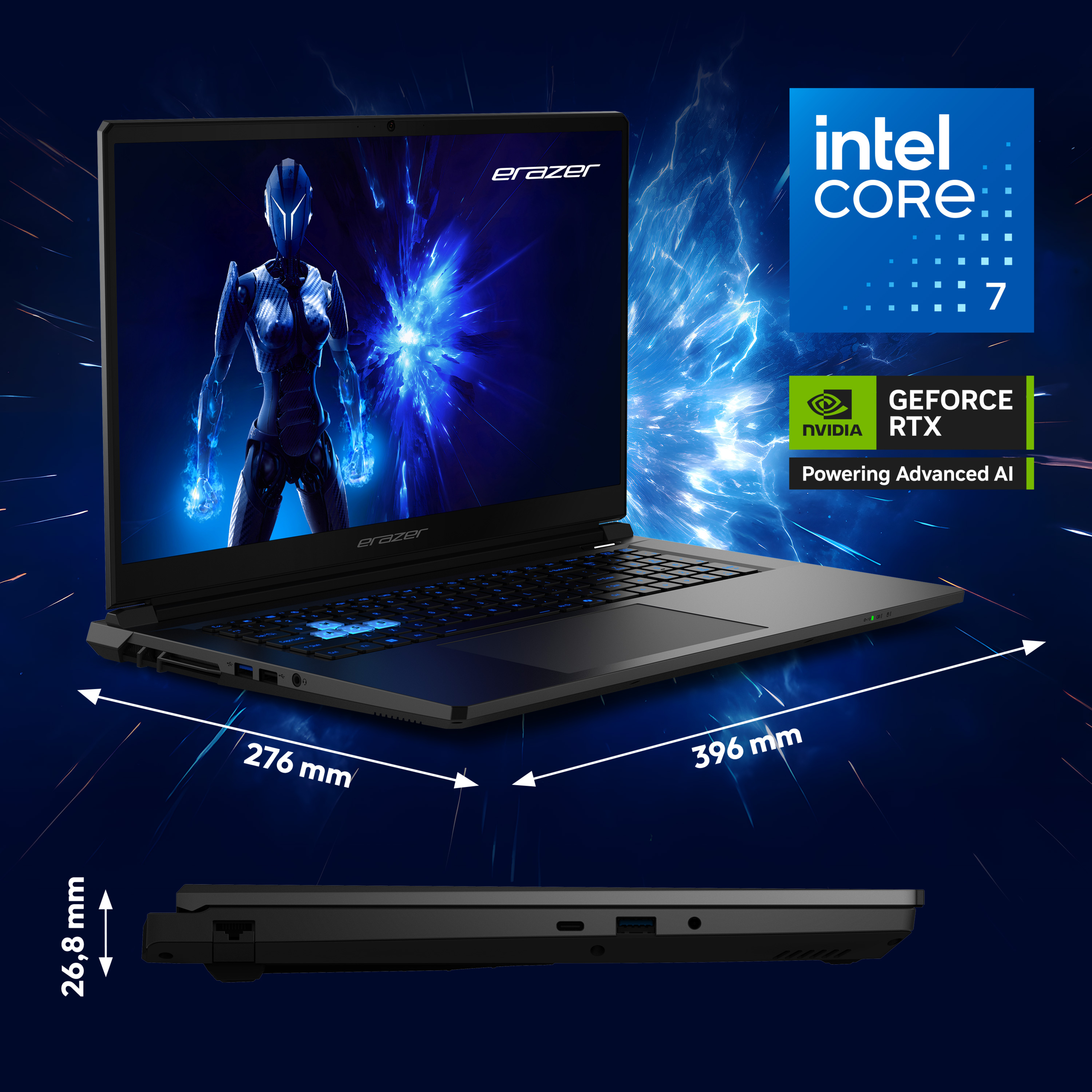 Ein schwarzer Laptop mit Intel Core 7 und Nvidia RTX, Maße 396x276x26.8mm.