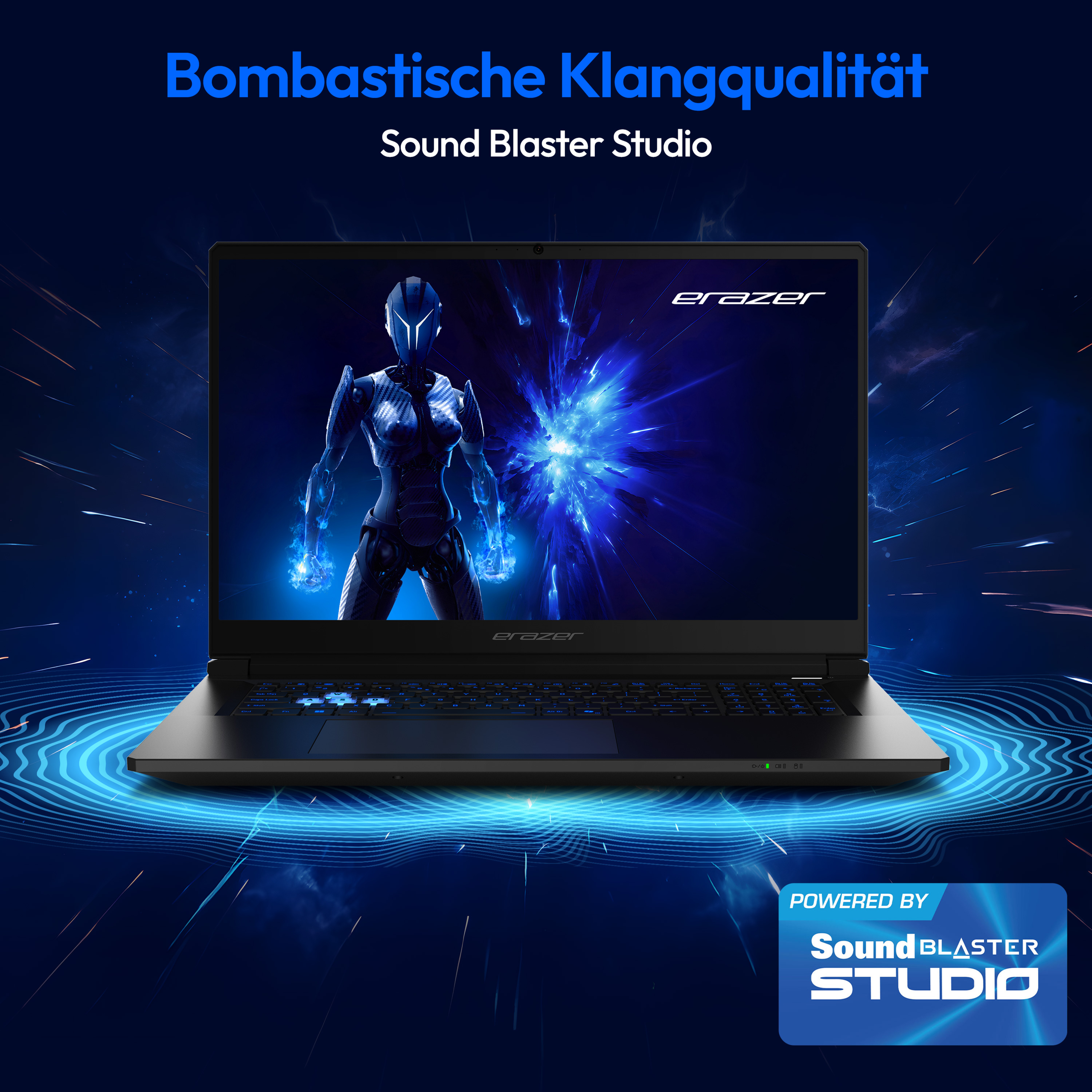 Ein Laptop mit blau beleuchteter Tastatur und futuristischem Hintergrund.