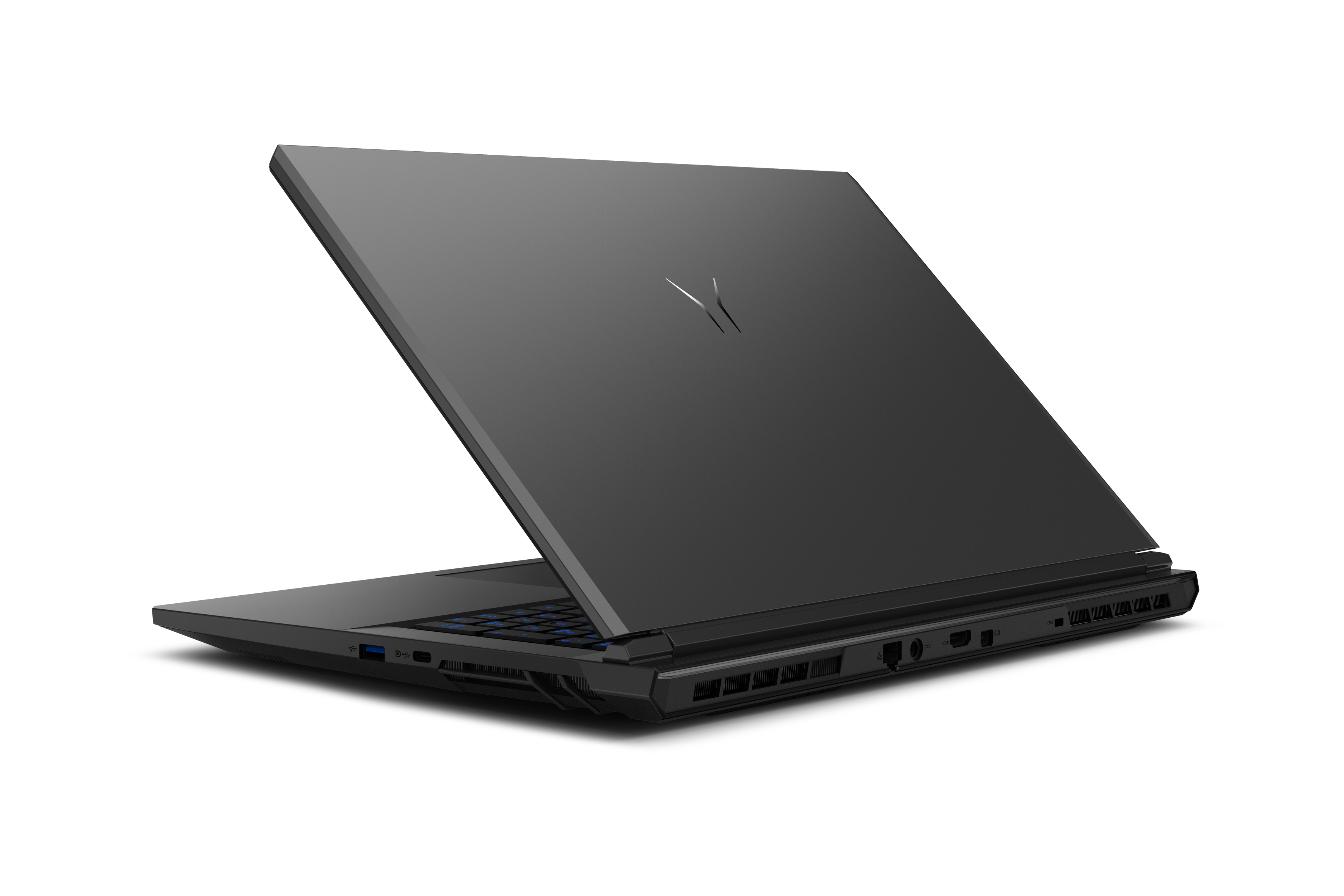 Schwarzer Laptop mit geöffnetem Deckel, blaue Tastatur und Anschlüsse an der Seite.