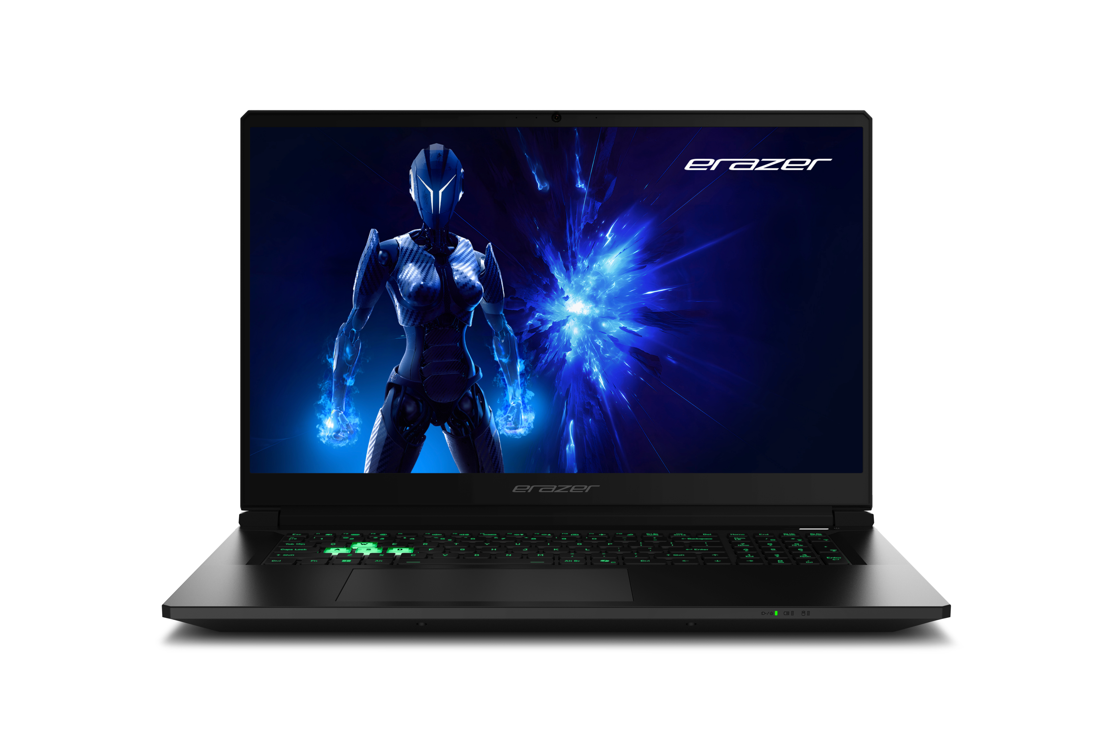 Schwarzer Laptop mit beleuchteter Tastatur und Sci-Fi-Bildschirmhintergrund.