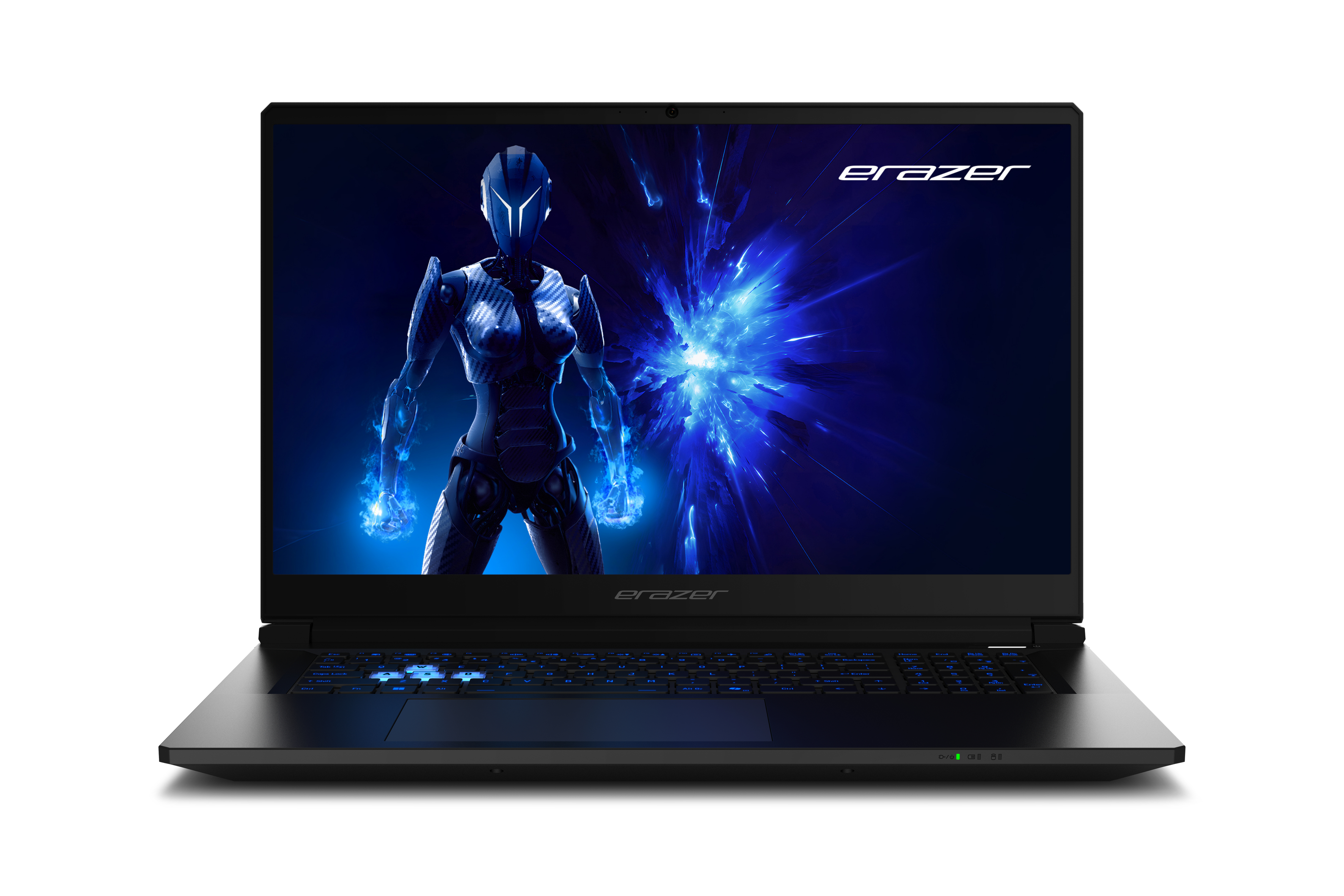 Ein schwarzer Laptop mit leuchtend blauer Hintergrundgrafik eines Roboters.