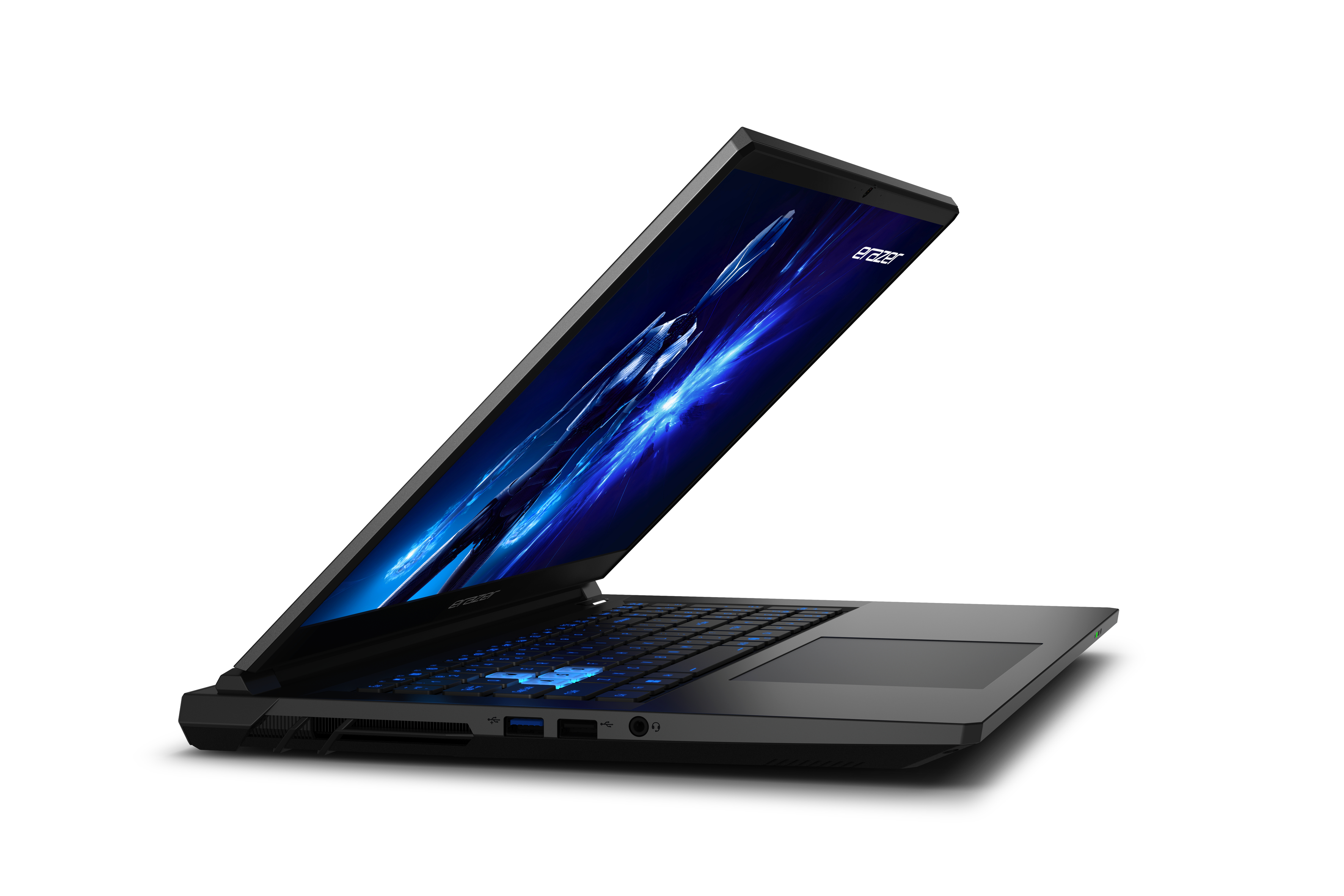 Schwarzer Laptop mit leuchtend blauer Tastatur und blauem Bildschirmhintergrund.