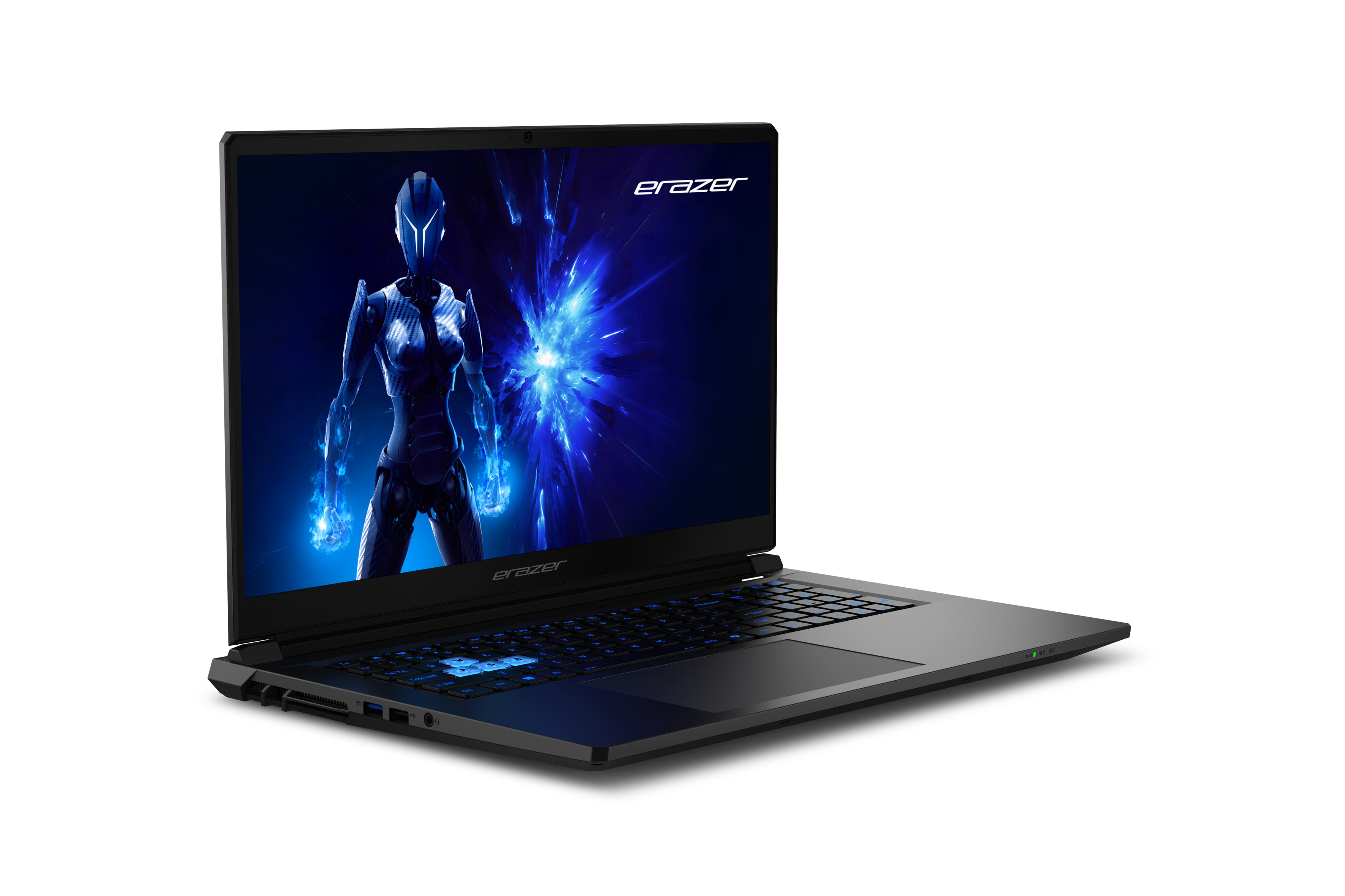 Ein schwarzer Laptop mit beleuchteter Tastatur und einem Sci-Fi-Bildschirmhintergrund.