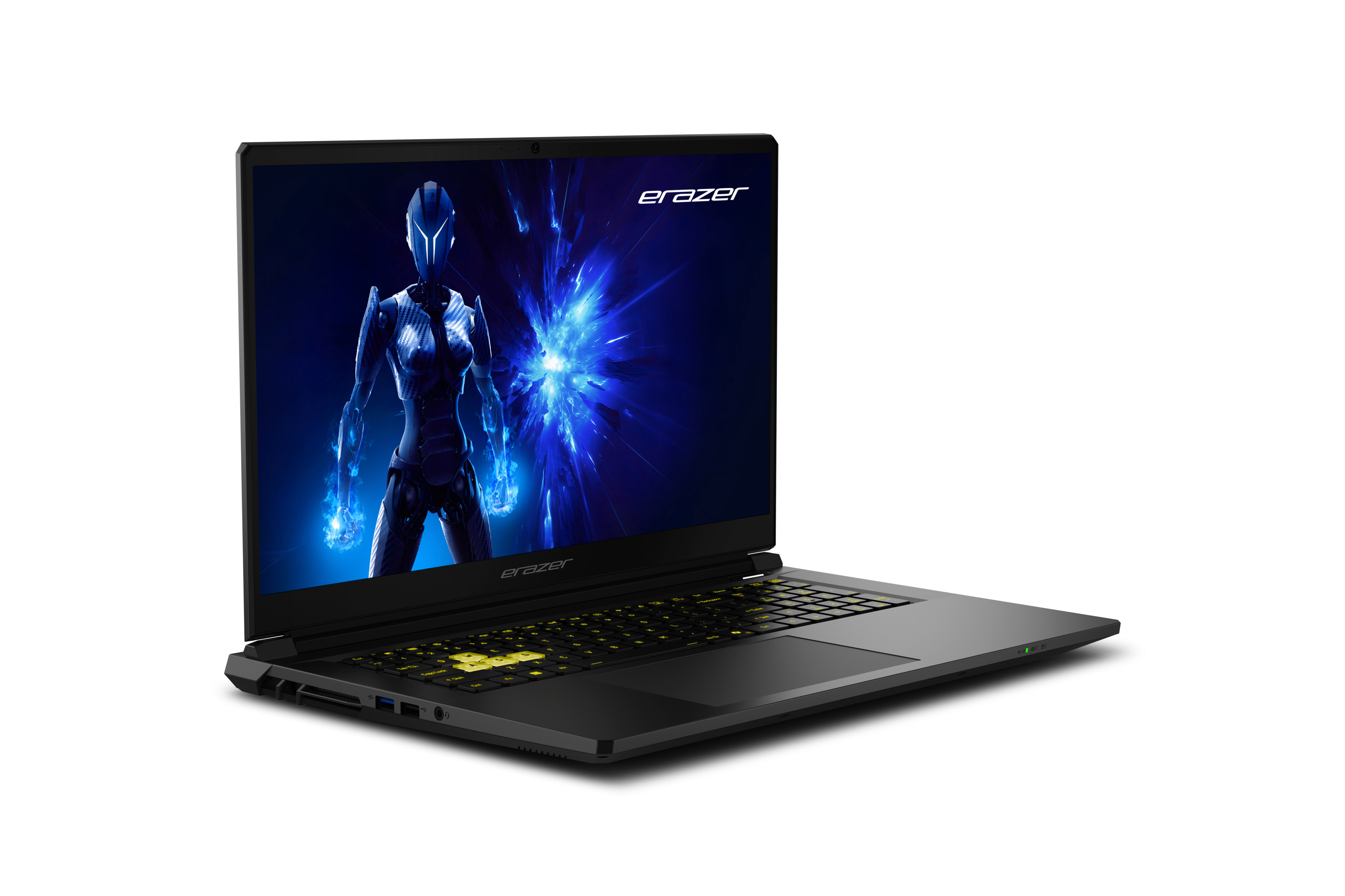 Schwarzer Laptop mit leuchtend blauer Hintergrundgrafik eines Cyborgs.