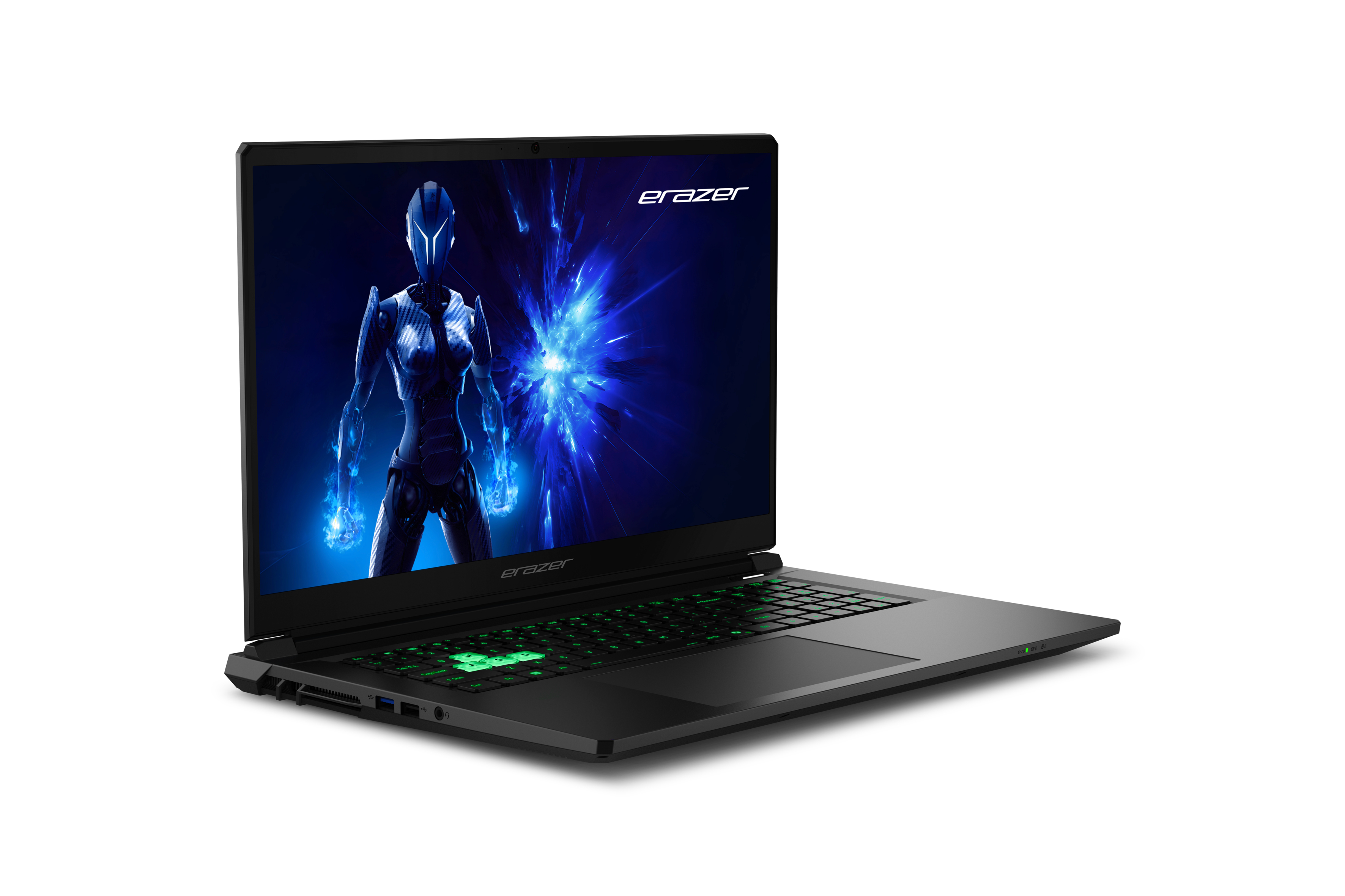 Ein schwarzer Laptop mit leuchtend grüner Tastatur und einem futuristischen Bild.