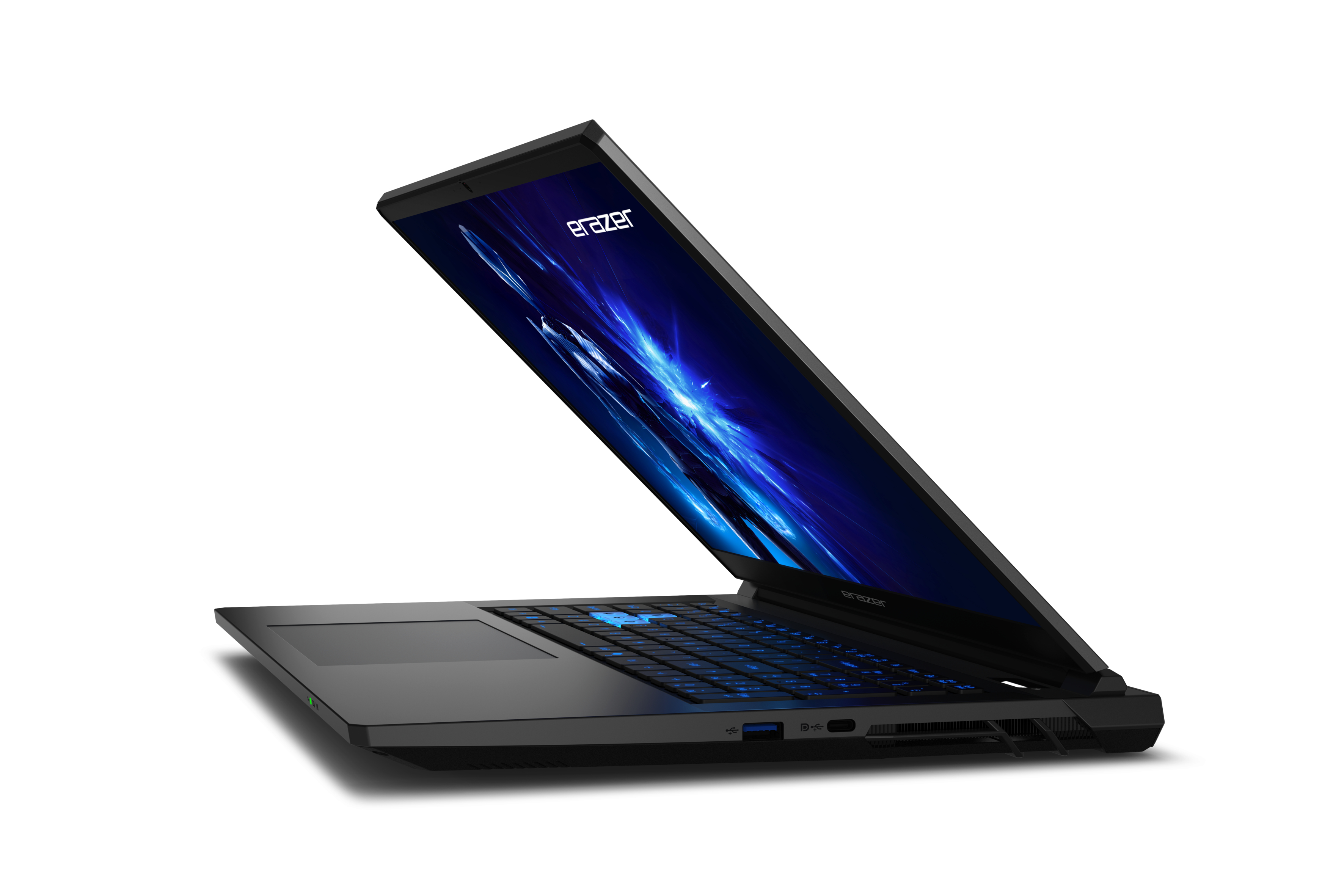 Ein schwarzer Laptop mit beleuchteter Tastatur und blauem Hintergrundbild.