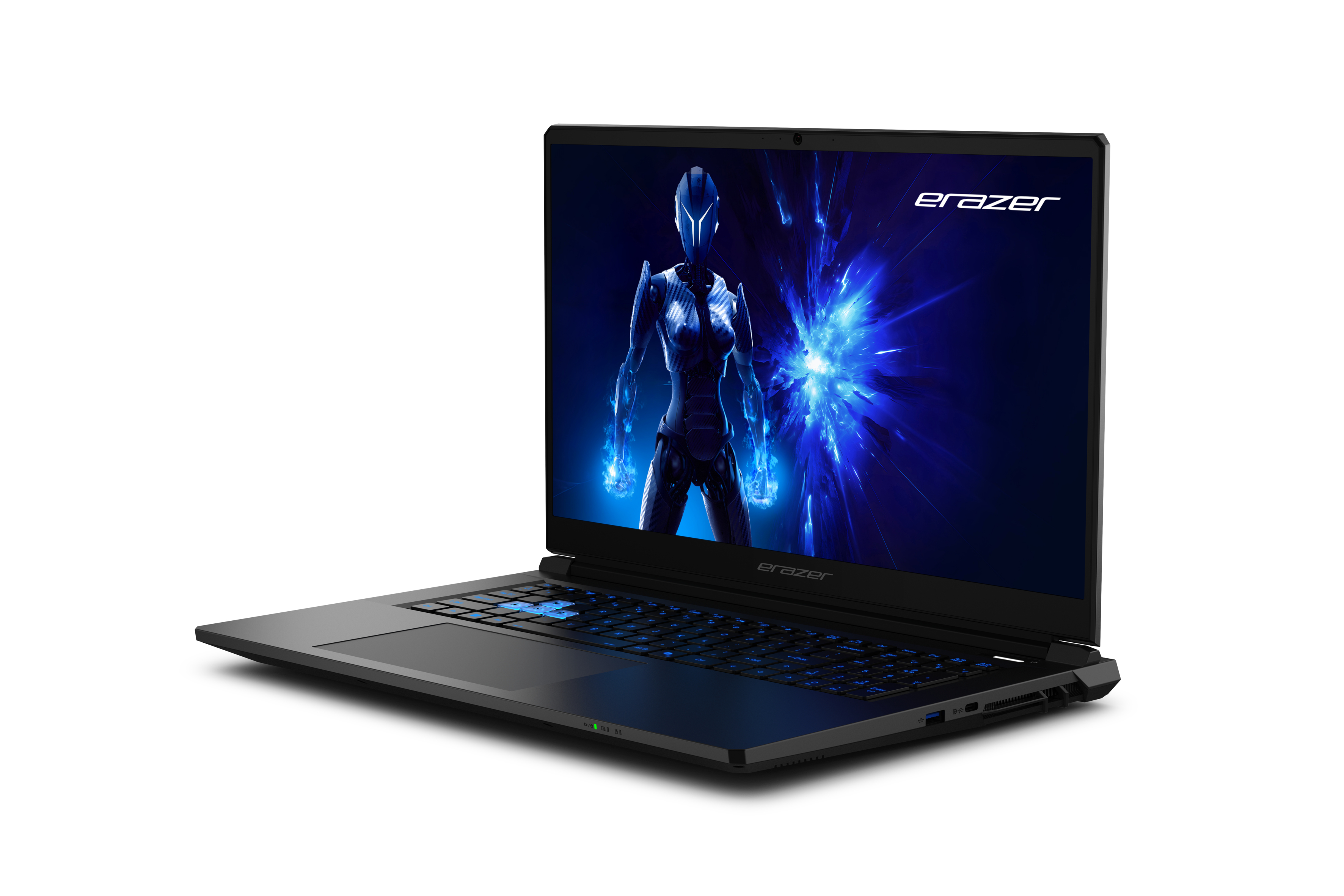 Schwarzer Laptop mit beleuchteter Tastatur. Auf dem Bildschirm ist eine blaue Sci-Fi-Figur.