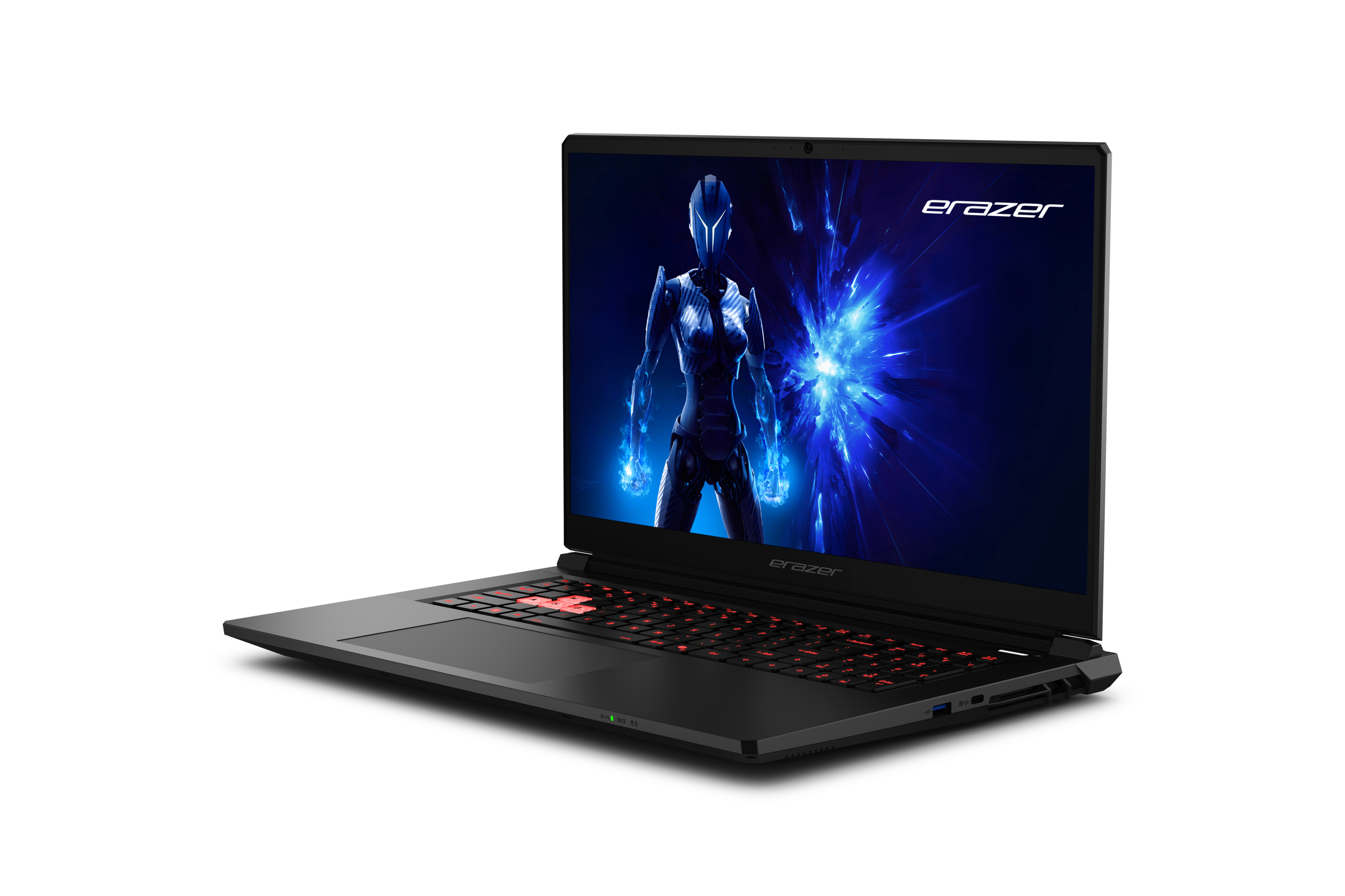 Schwarzer Laptop mit beleuchteter roter Tastatur und einem futuristischen Avatar auf dem Bildschirm.