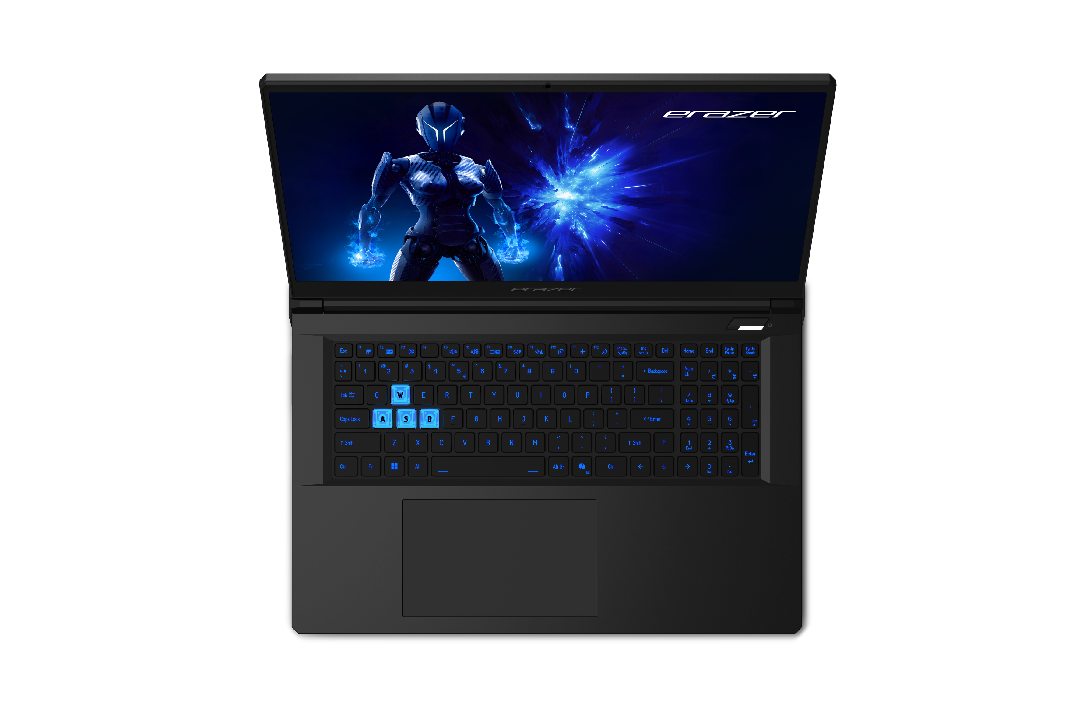 Ein schwarzer Laptop mit leuchtend blauen Tasten und einem futuristischen Bild auf dem Bildschirm.