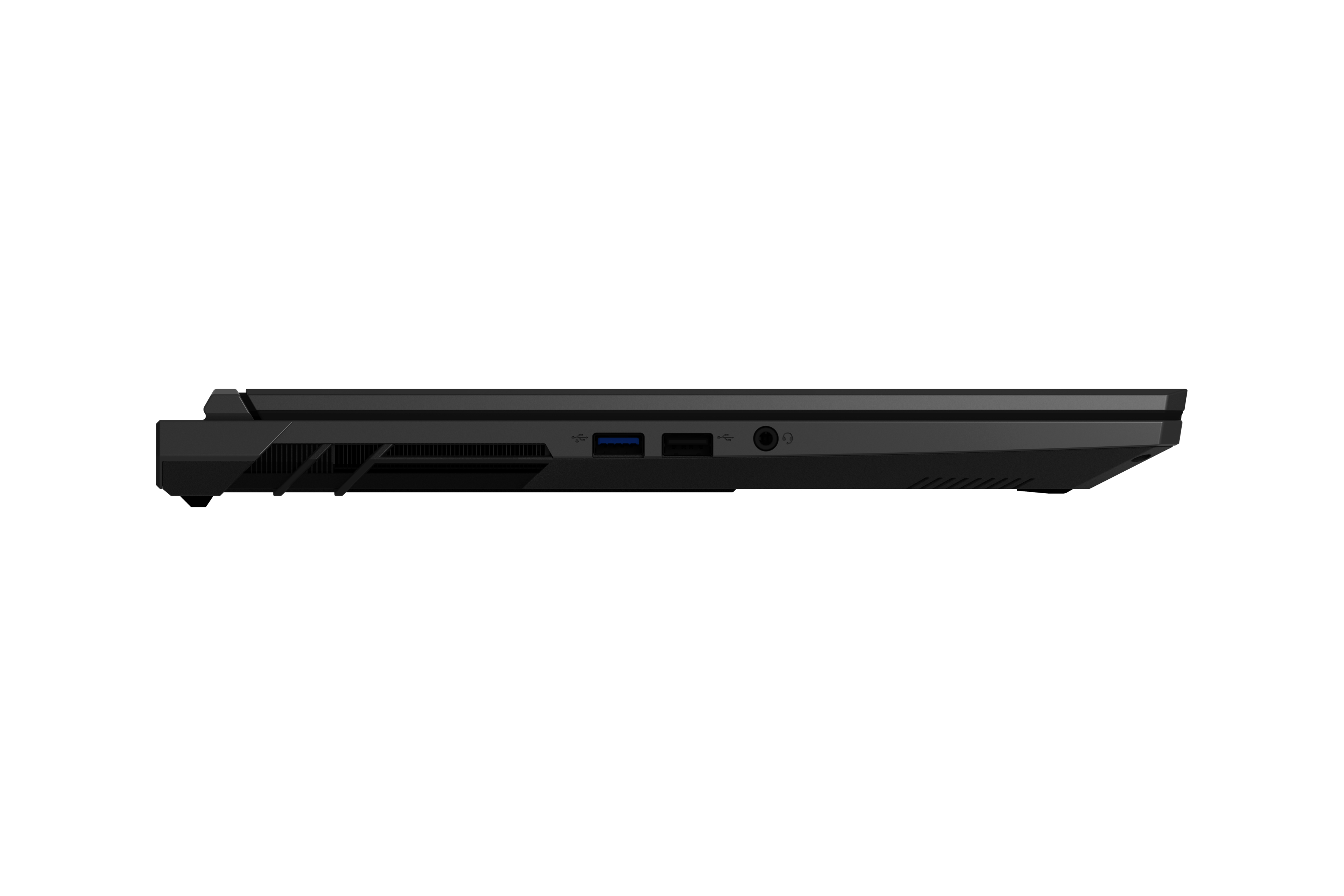 Schwarzer Laptop-Seite mit USB-Ports und Kopfhöreranschluss.