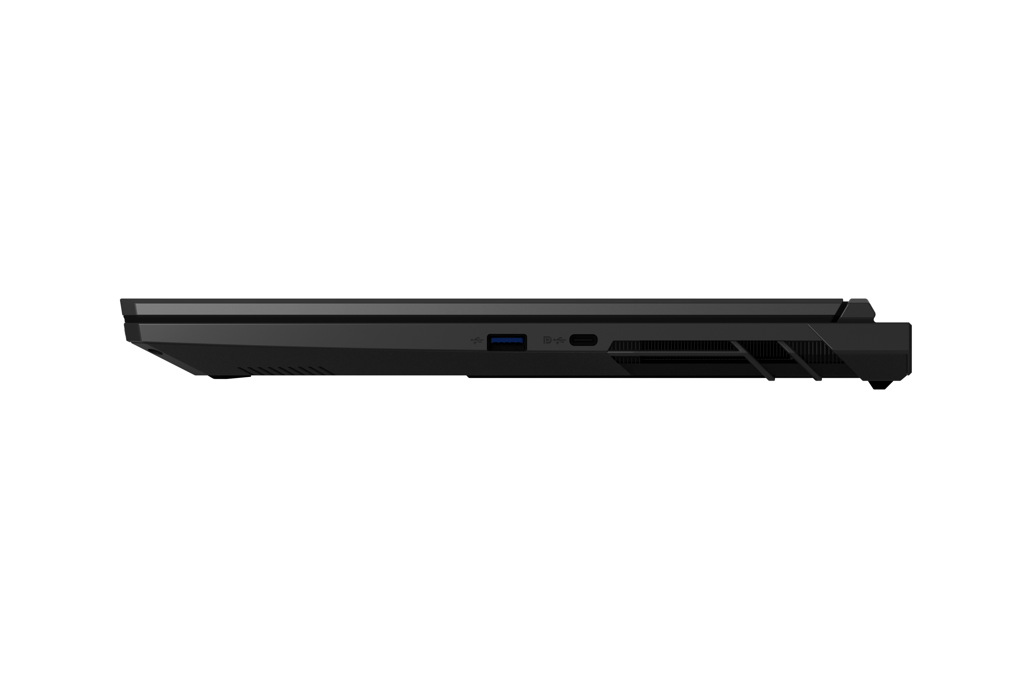 Seitenansicht eines schwarzen Laptops mit USB-Anschlüssen und Lüftungsschlitzen.