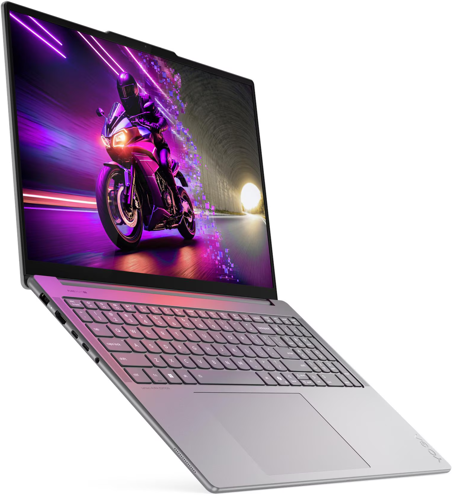 Laptop, amelyen egy motoros látható egy alagútban.
