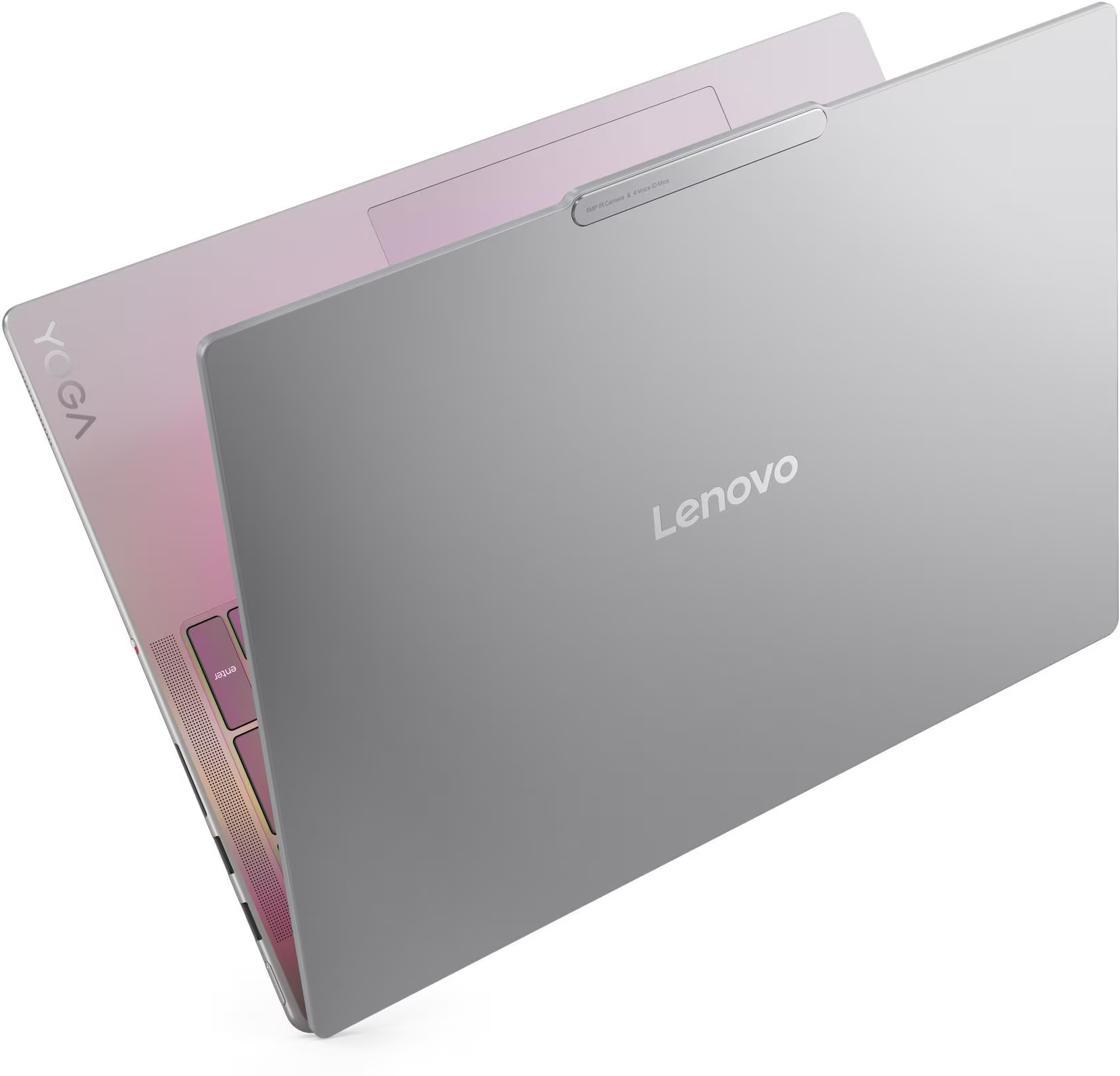 Ezüst Lenovo laptop YOGA felirattal és világító billentyűzettel fehér háttéren.