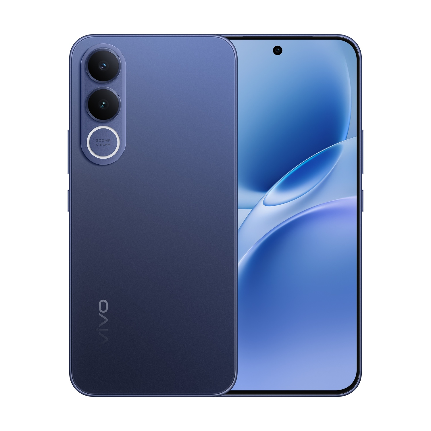 Uno smartphone Vivo blu con tre fotocamere e uno schermo.