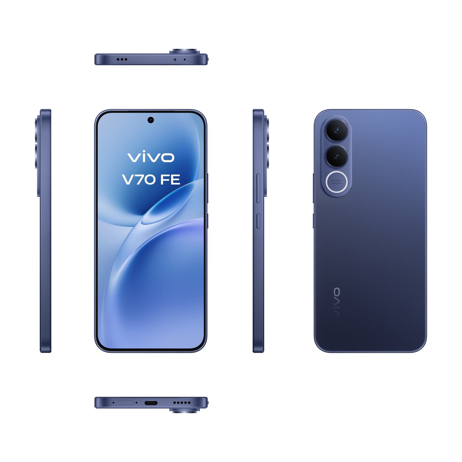 Tre viste di uno smartphone blu Vivo V70 FE su sfondo bianco.