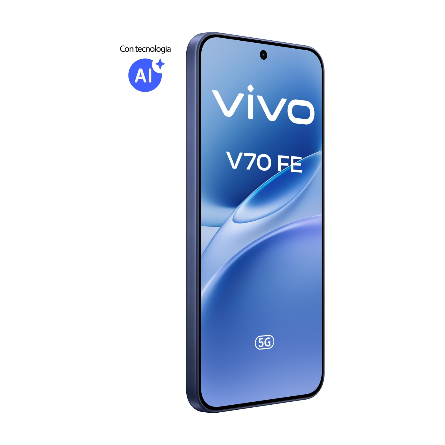 Uno smartphone Vivo V70 FE blu con 5G e logo tecnologia AI.