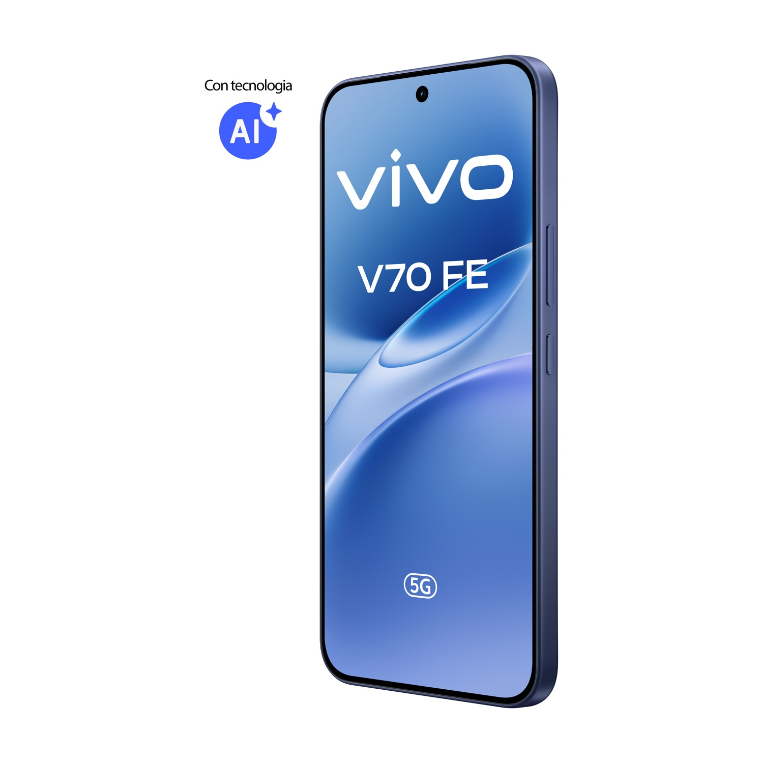 Uno smartphone Vivo V70 FE blu con tecnologia 5G e AI.