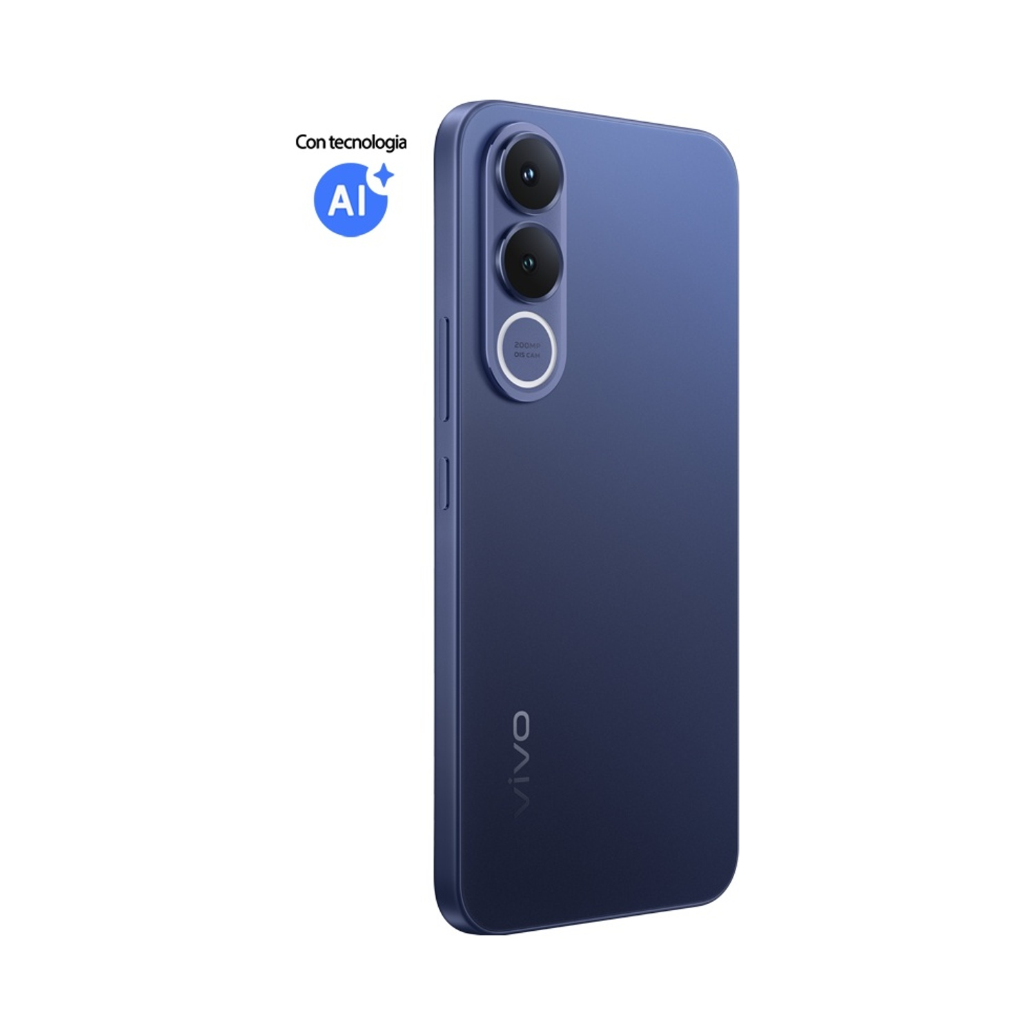Smartphone blu scuro con tre fotocamere e logo AI.