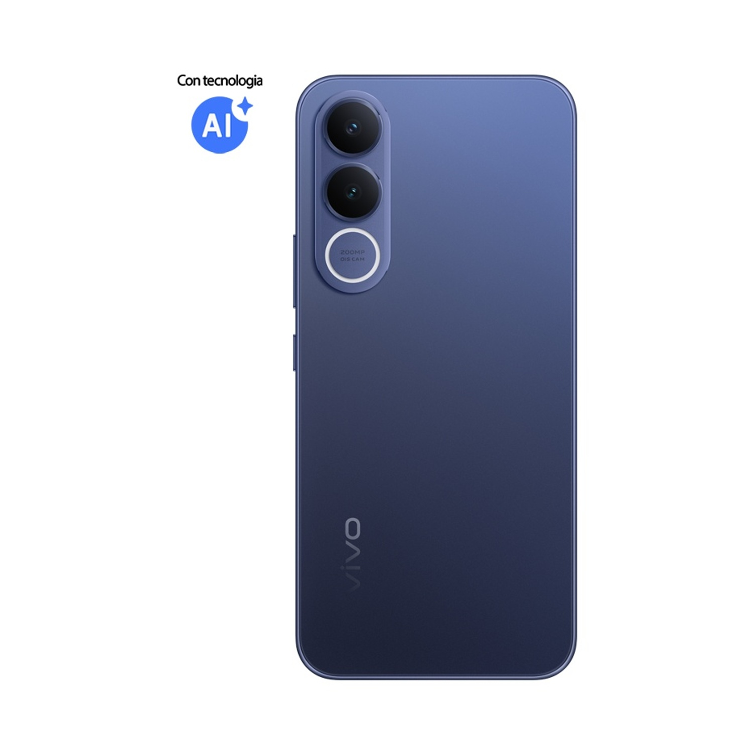 Retro di uno smartphone blu con tre fotocamere e logo AI.