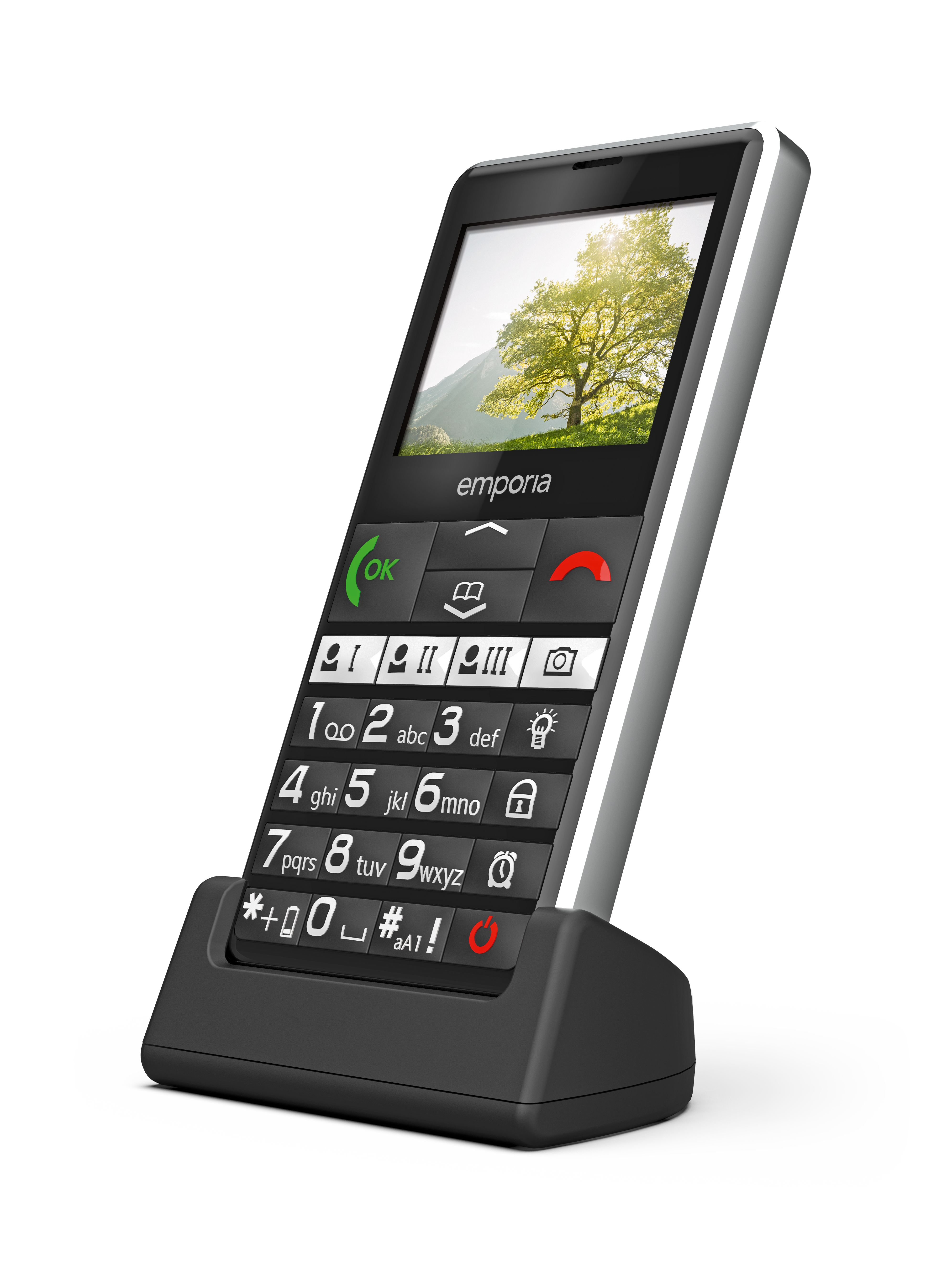 Ein Emporia-Telefon mit Tasten und einem Bildschirm, der einen Baum zeigt.