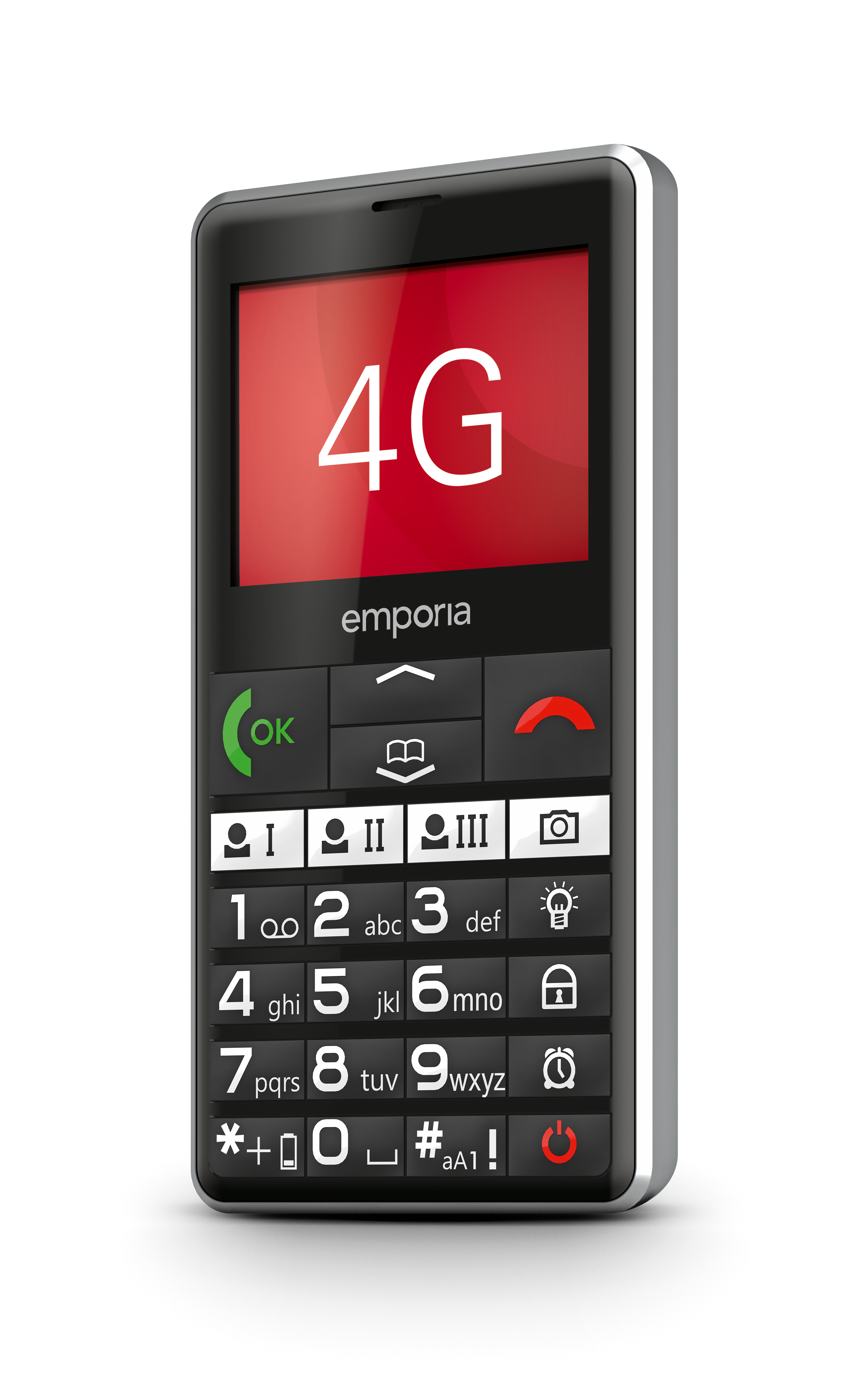 Ein Emporia 4G Handy mit Zifferntasten und einem roten Power-Button.
