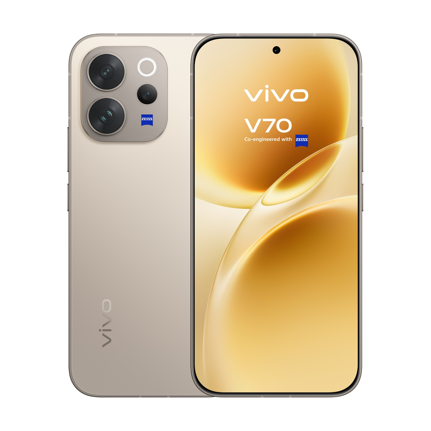 Uno smartphone Vivo V70 dorato con tripla fotocamera posteriore.