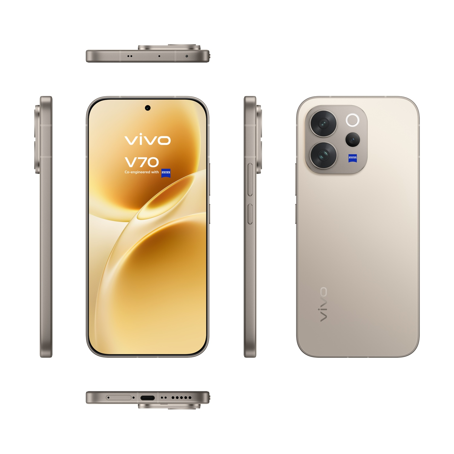 Uno smartphone beige mostrato da tutti i lati. Con marchio VIVO V70.