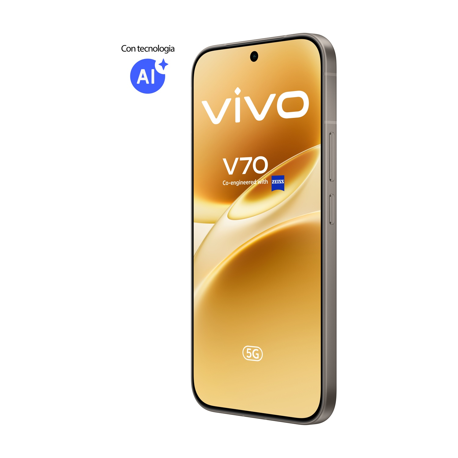 Uno smartphone Vivo V70 grigio con tecnologia AI e 5G.