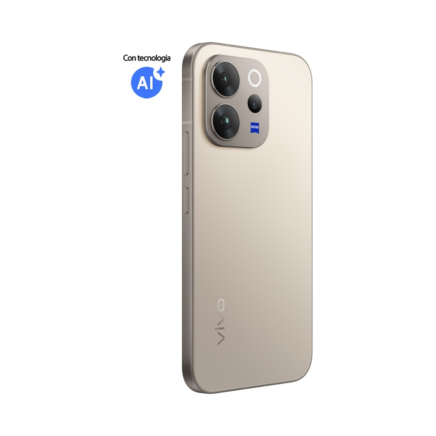 Un retro dorato di smartphone Vivo con tre fotocamere e logo AI.