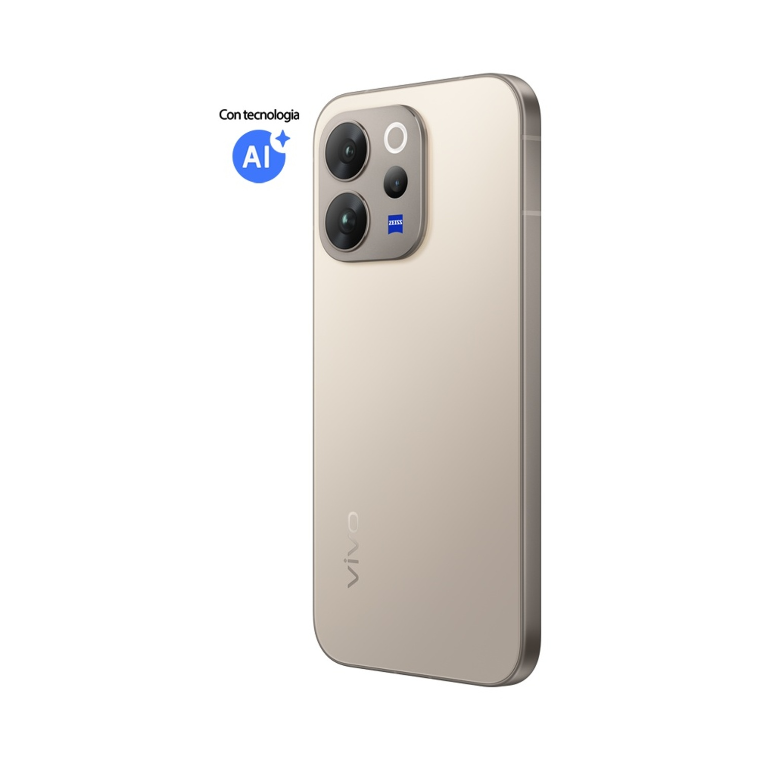Uno smartphone oro chiaro con tre fotocamere sul retro.