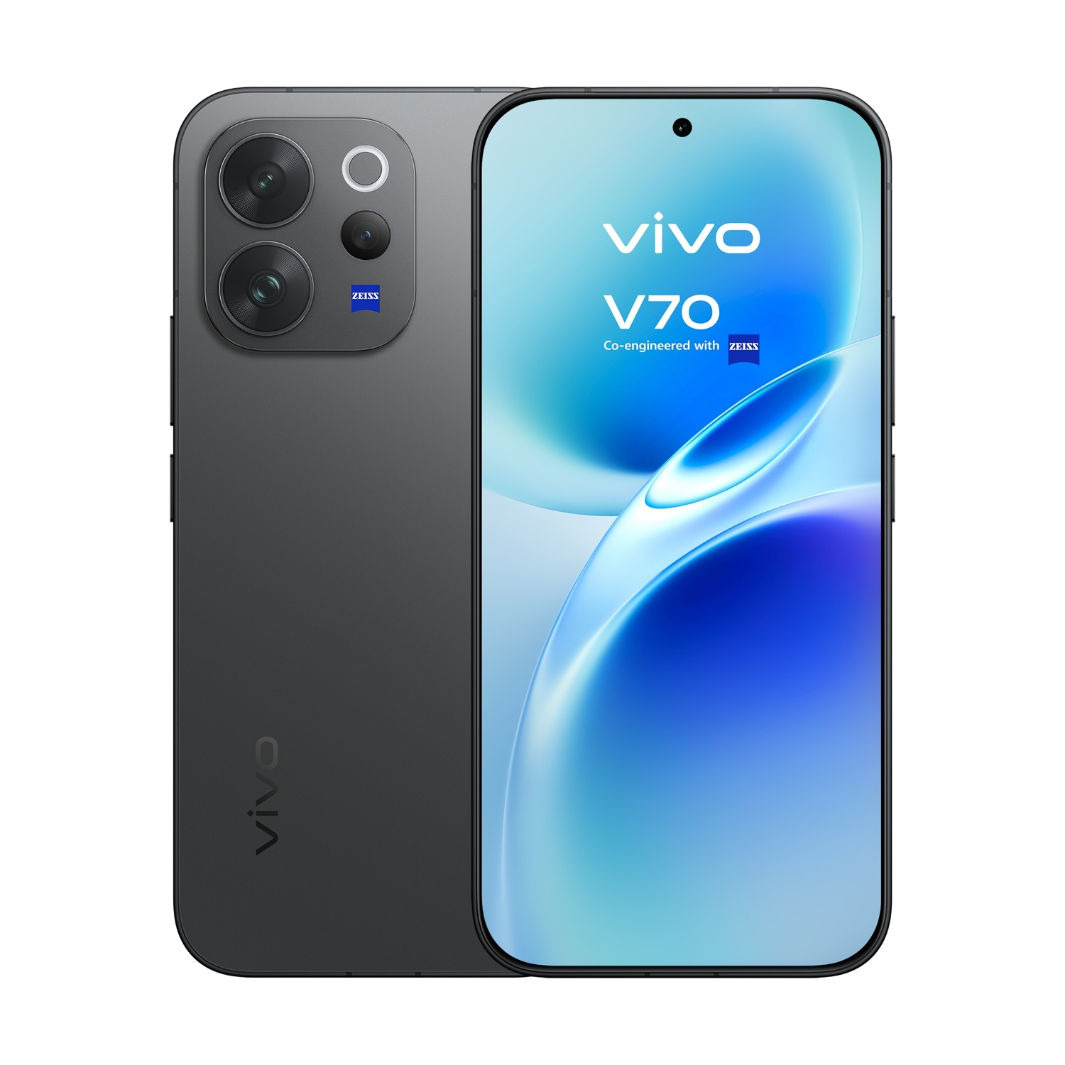 Uno smartphone Vivo V70 grigio con tripla fotocamera e logo Zeiss.