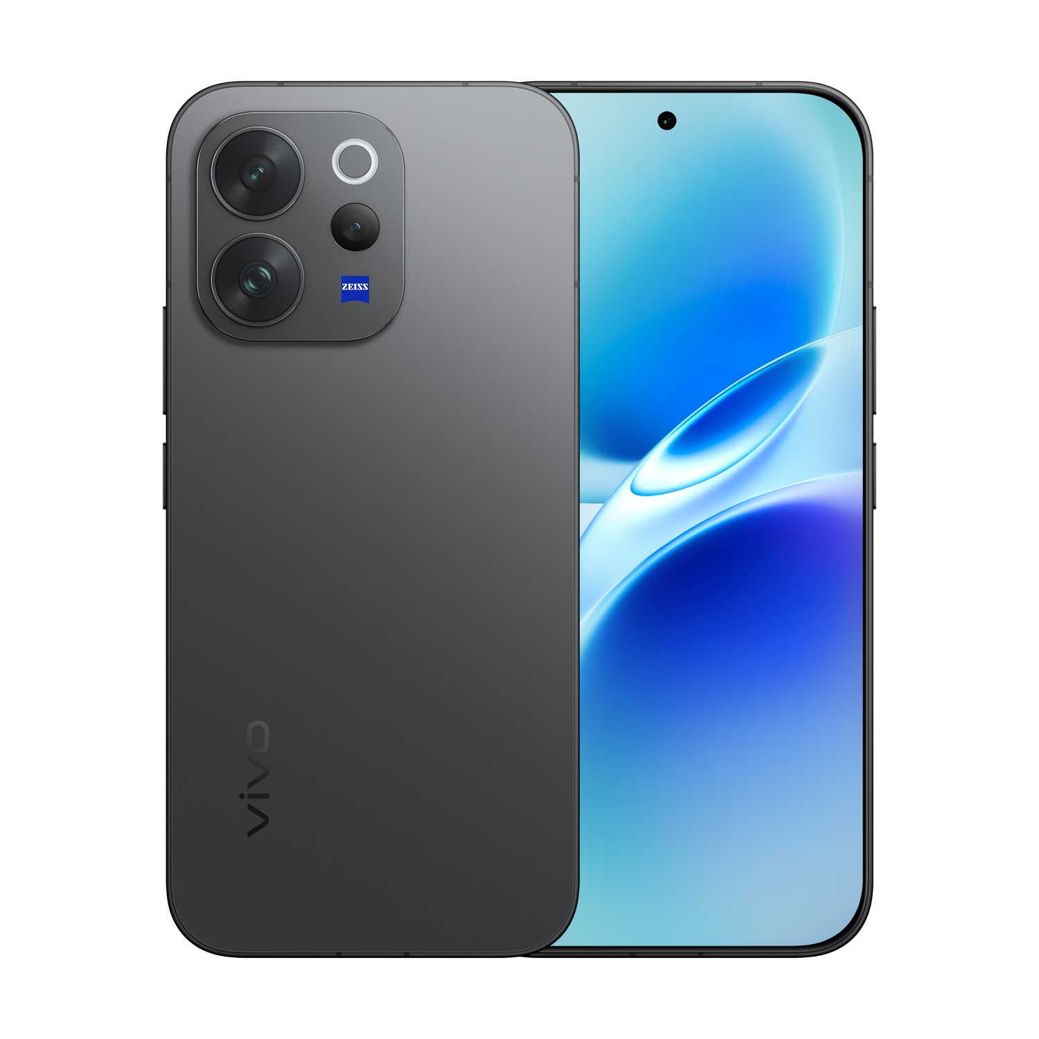 Smartphone grigio scuro con tripla fotocamera e sfondo blu sullo schermo.