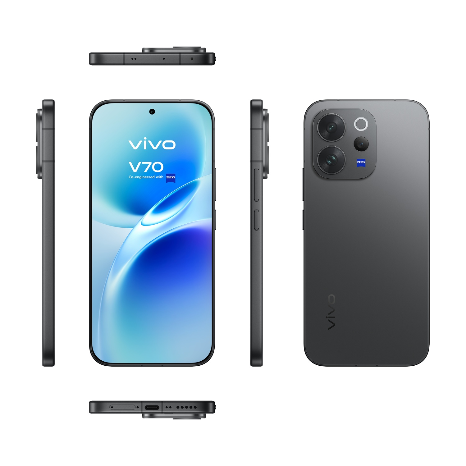 Tre viste di uno smartphone Vivo V70 nero con fotocamera Zeiss.