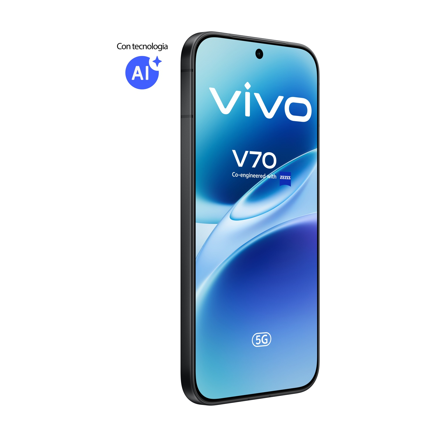 Smartphone Vivo V70 con tecnologia AI e logo 5G, su sfondo bianco.