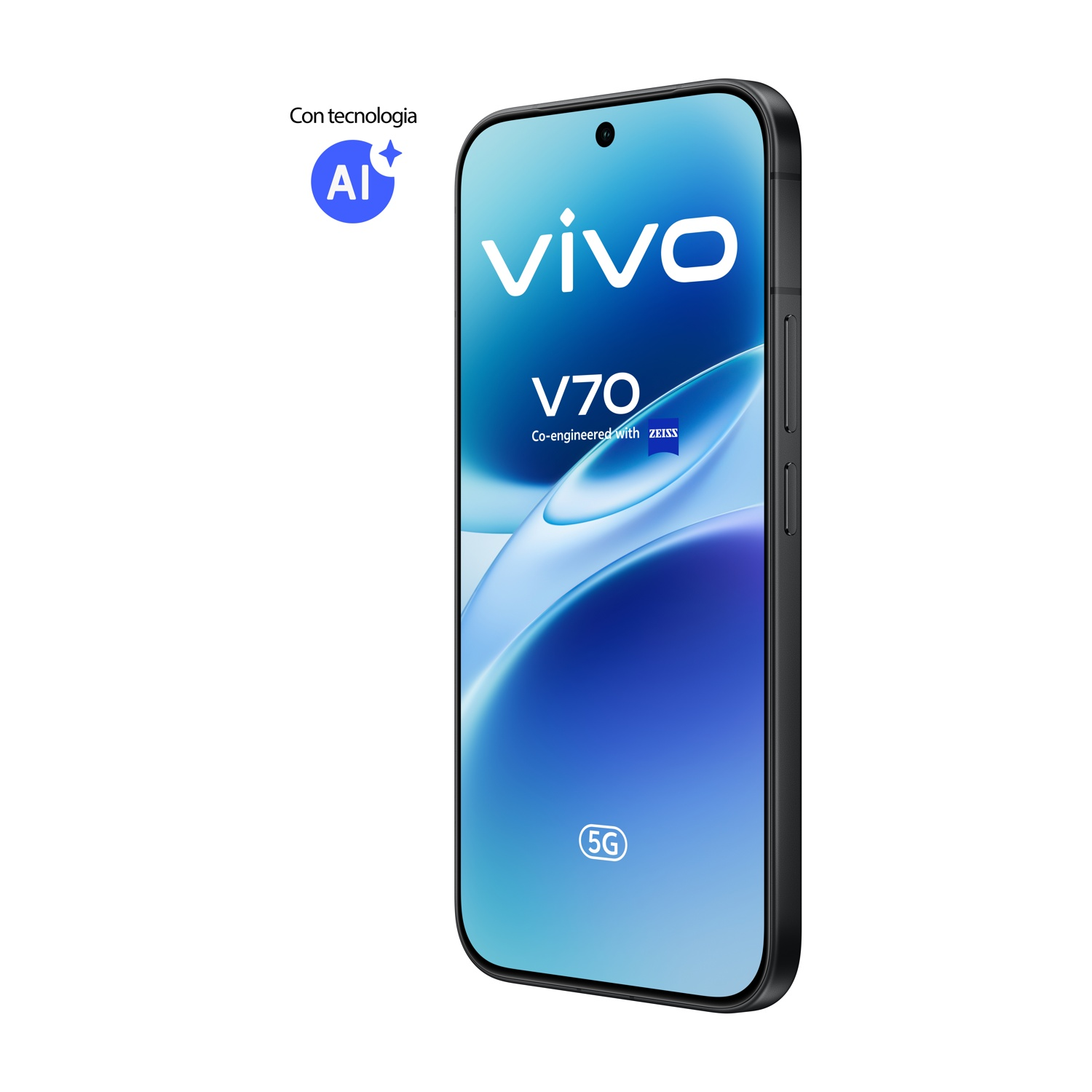 Uno smartphone Vivo V70 nero con tecnologia AI e simbolo 5G.