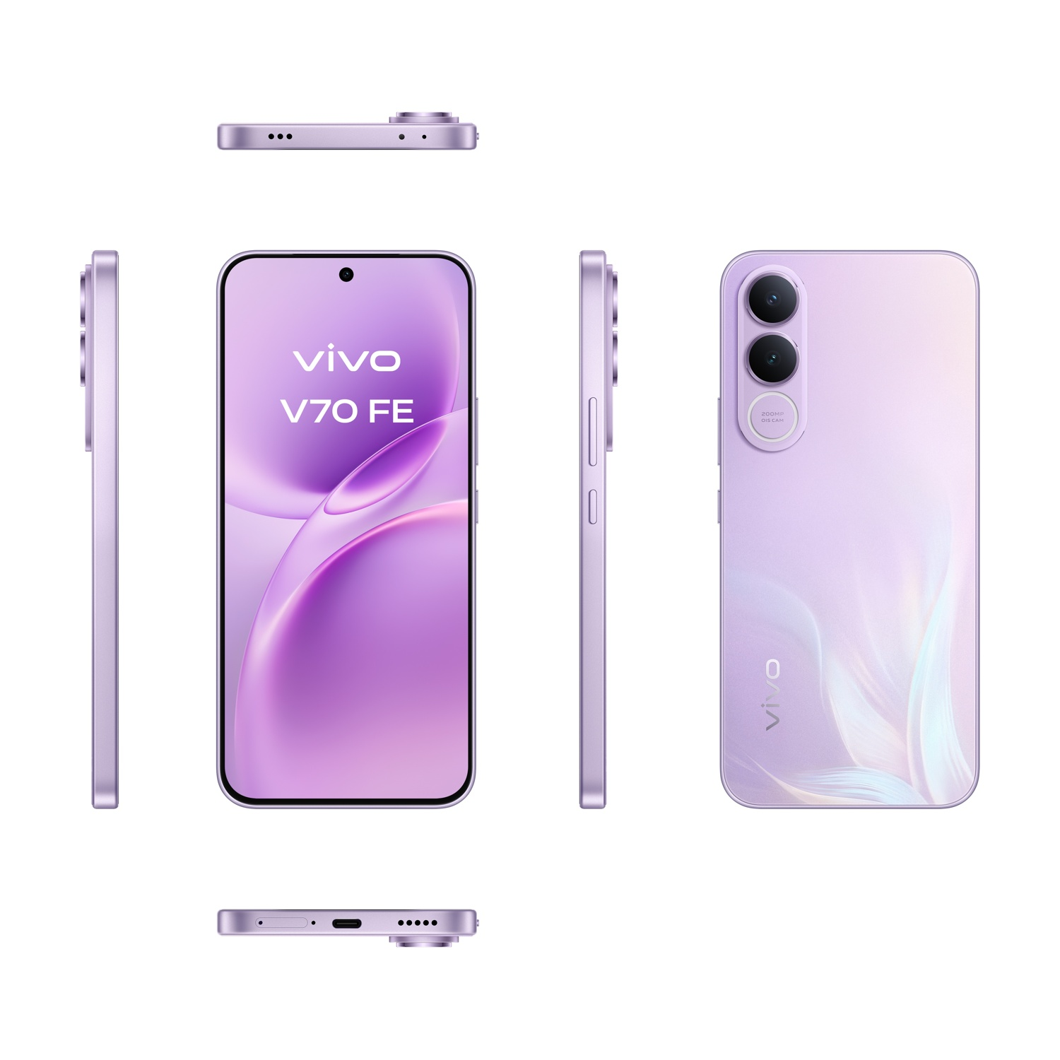 Smartphone Vivo V70 FE viola mostrato da viste frontale, posteriore e laterale.