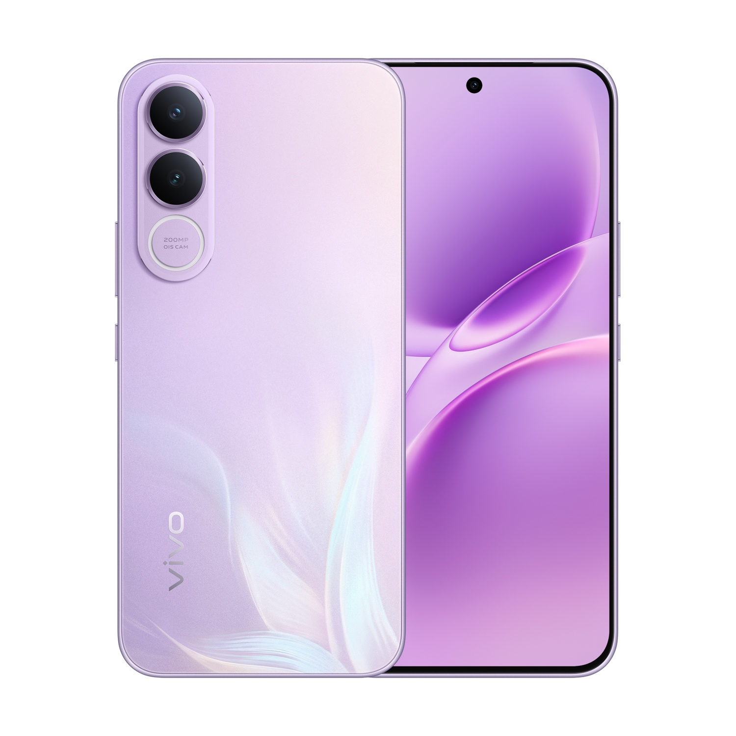 Uno smartphone viola con doppia fotocamera posteriore e schermo intero.