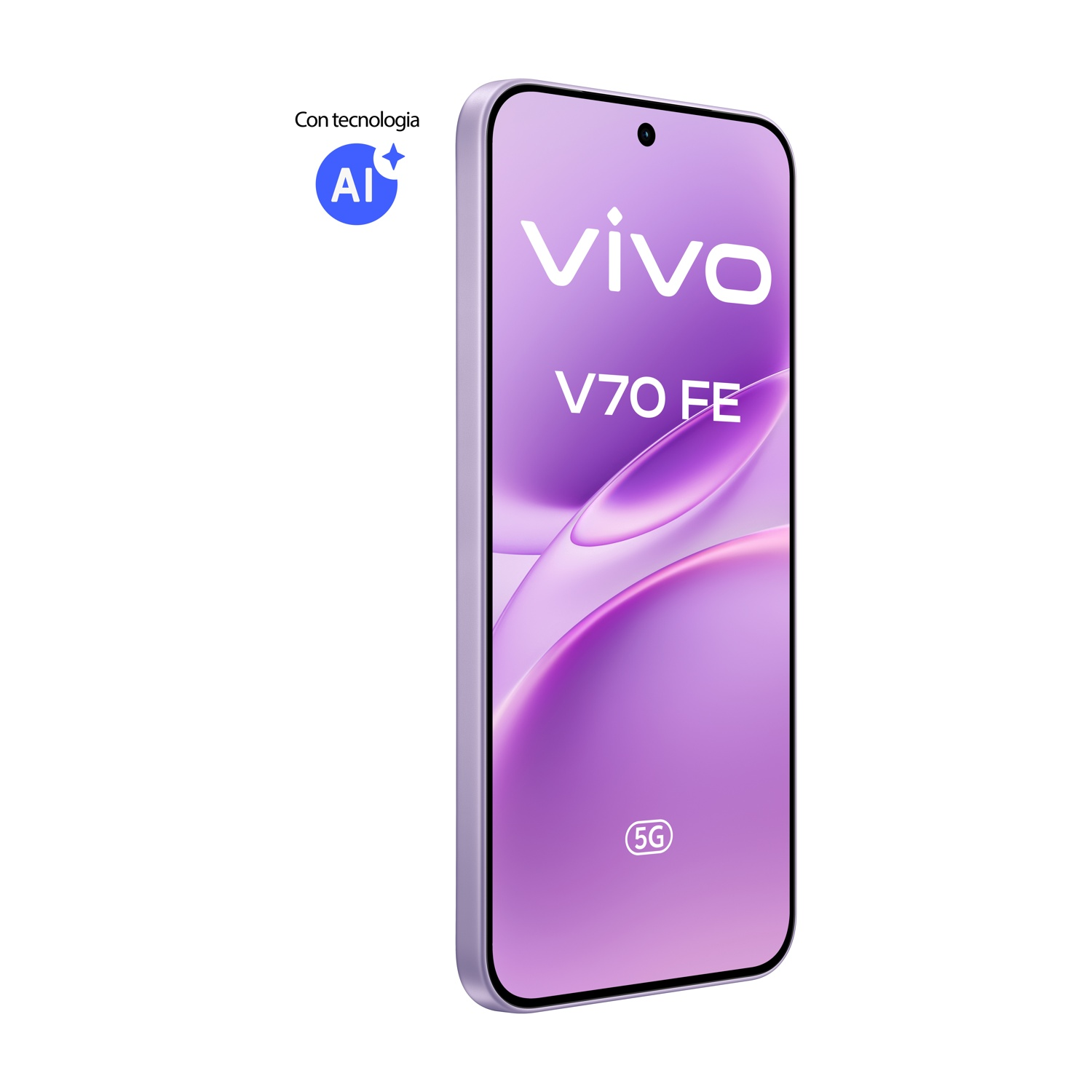 Uno smartphone Vivo V70 FE viola con tecnologia AI e logo 5G.