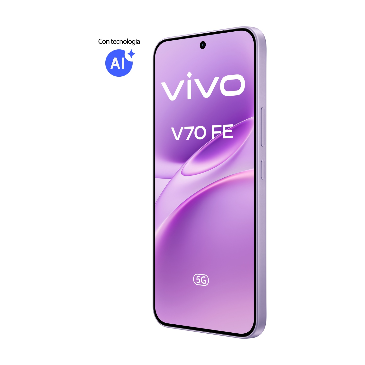Uno smartphone Vivo V70 FE viola con tecnologia AI e logo 5G.