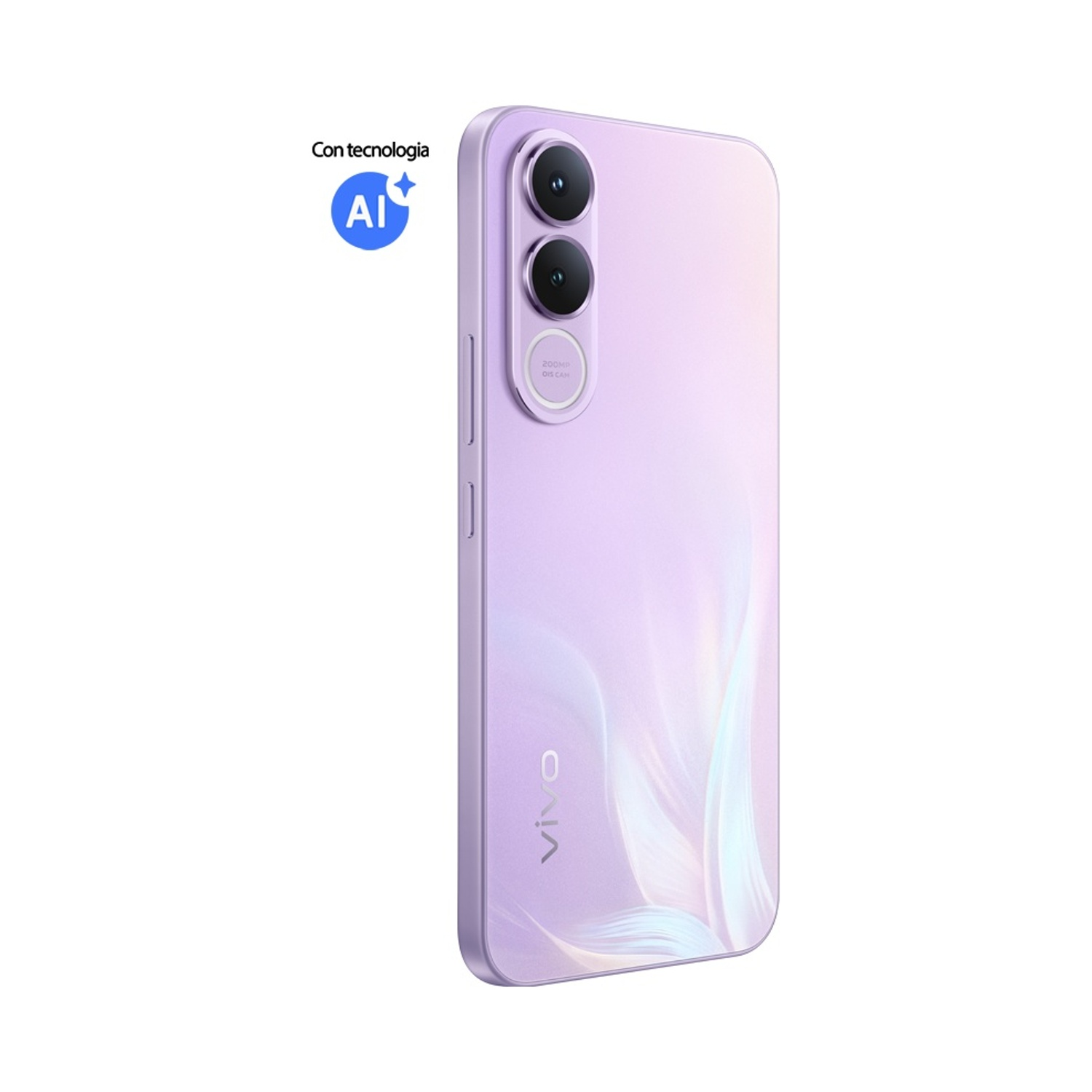 Smartphone viola con logo AI su sfondo bianco.