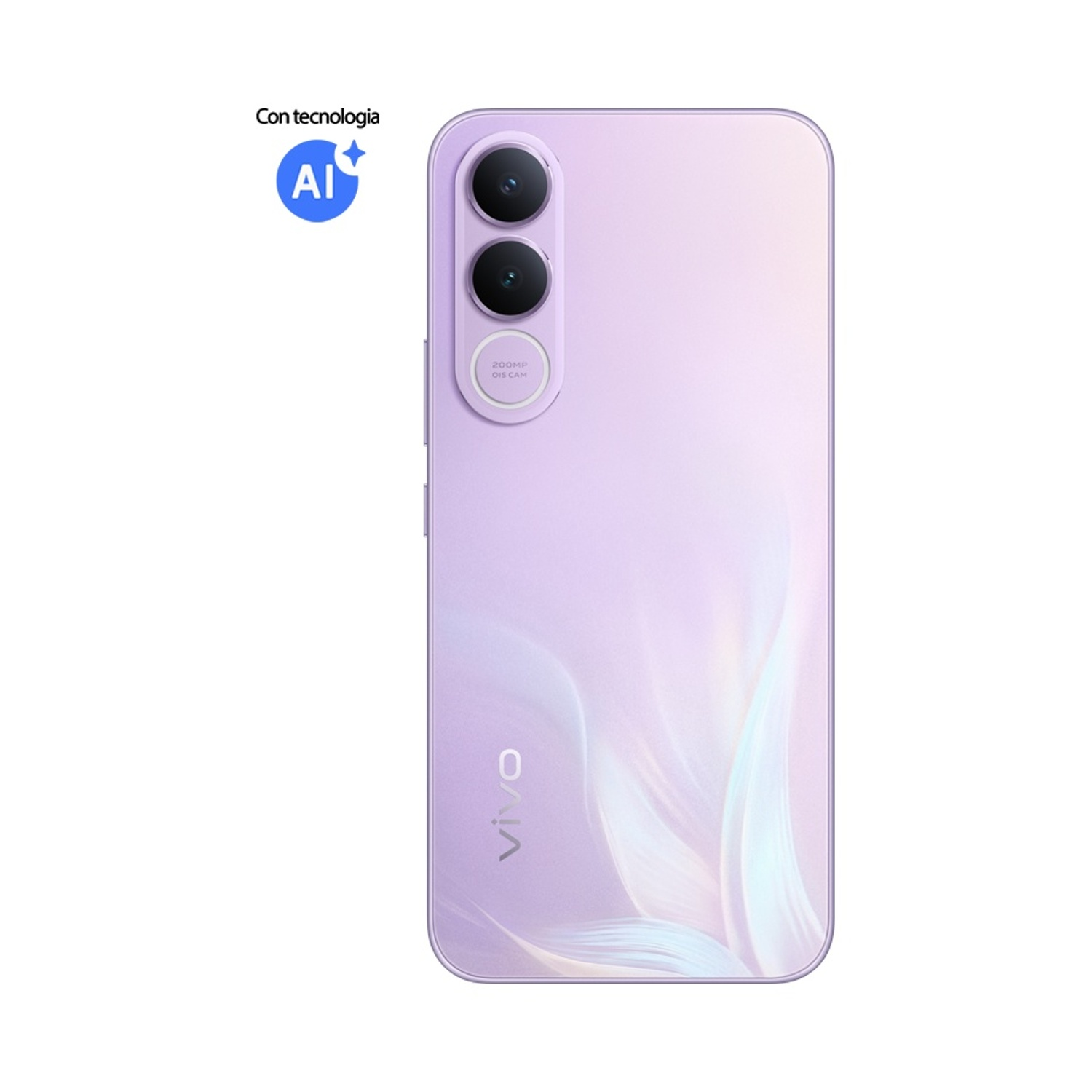 Smartphone viola con logo AI e tripla fotocamera posteriore.