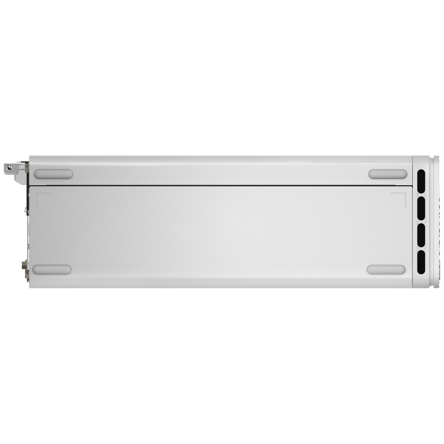 A sleek, white casing with ventilation slots and connectors on the side.