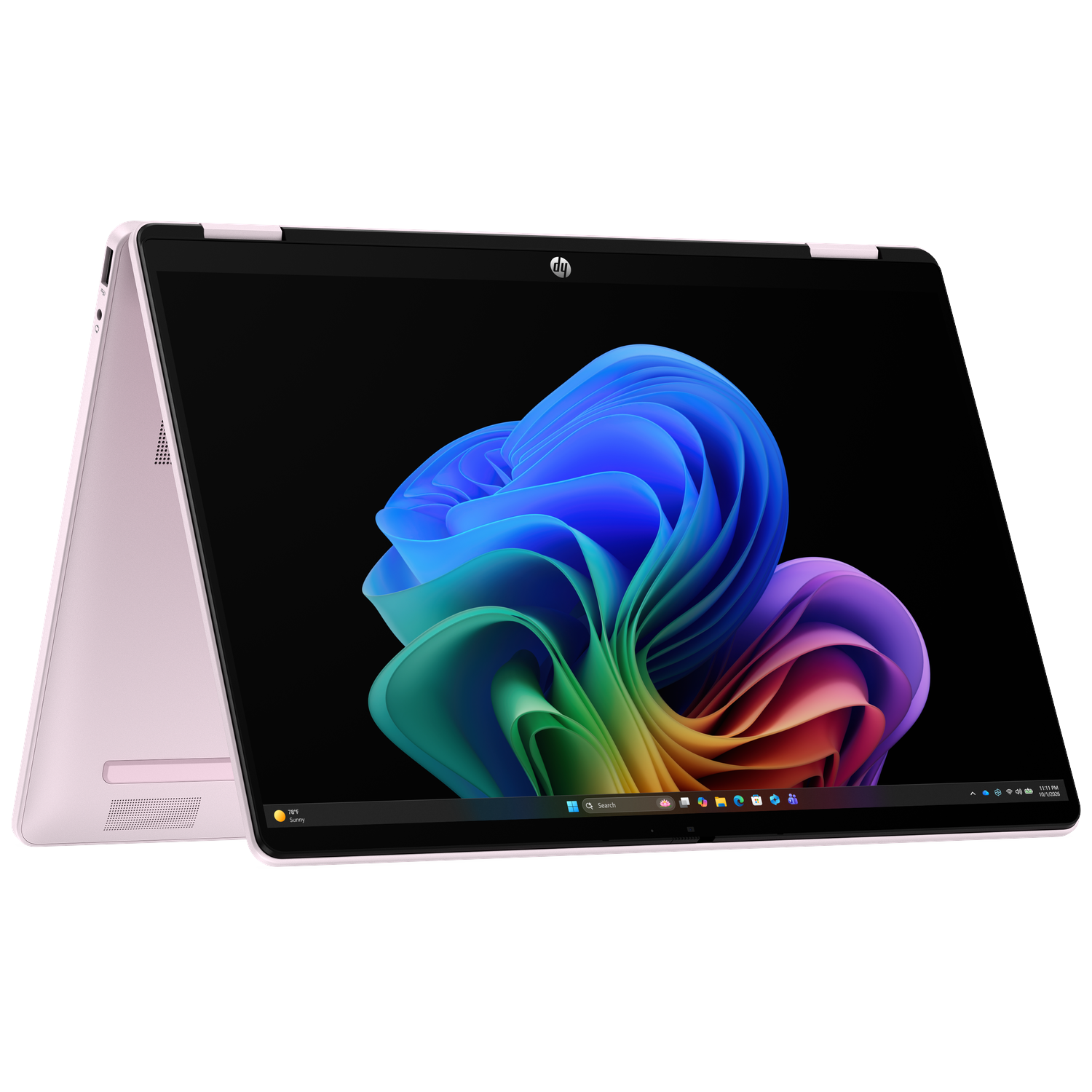 A pink HP convertible laptop with its screen open, displaying a colorful abstract image.