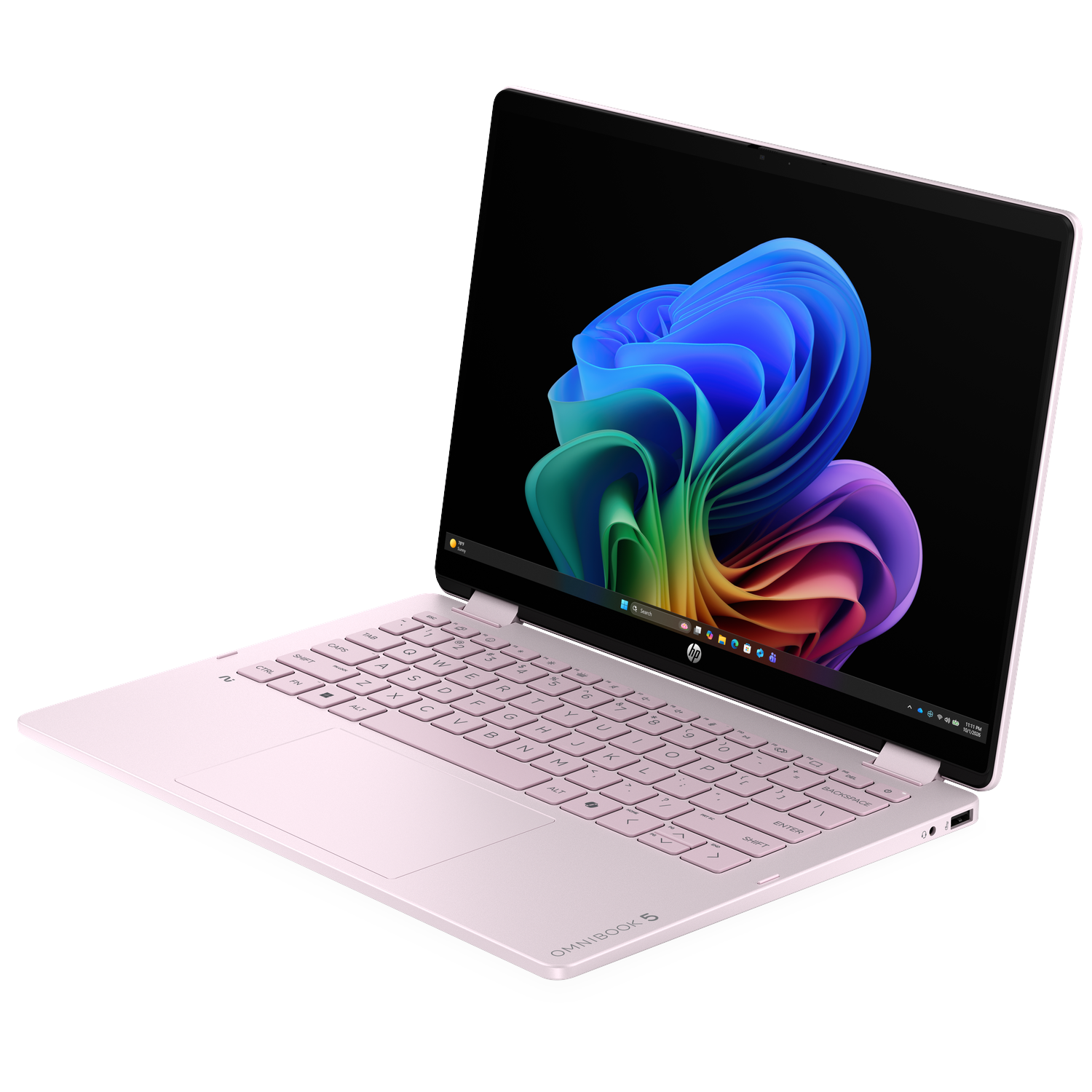 A pink laptop with its screen open, displaying a colorful wallpaper.