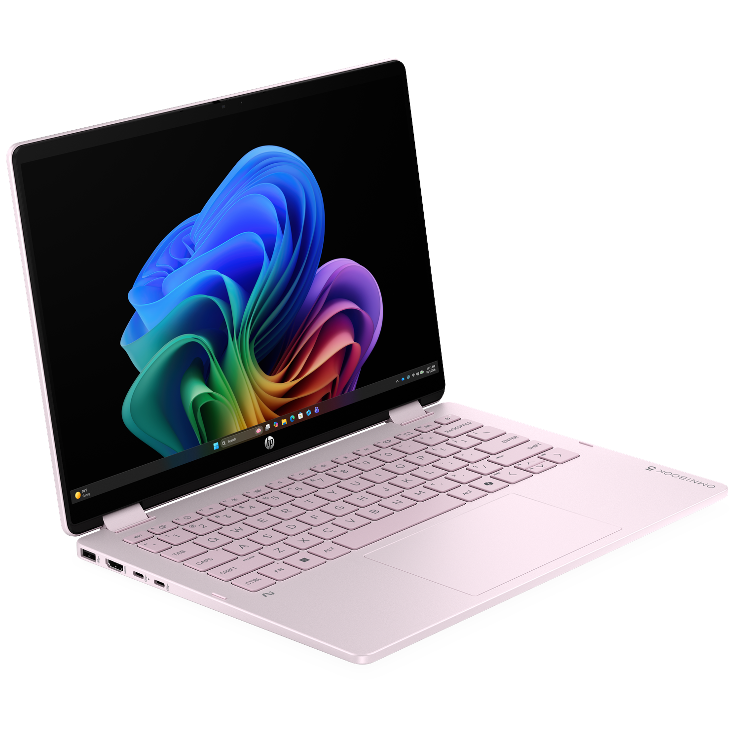 A pink laptop with its screen open, displaying a colorful background.
